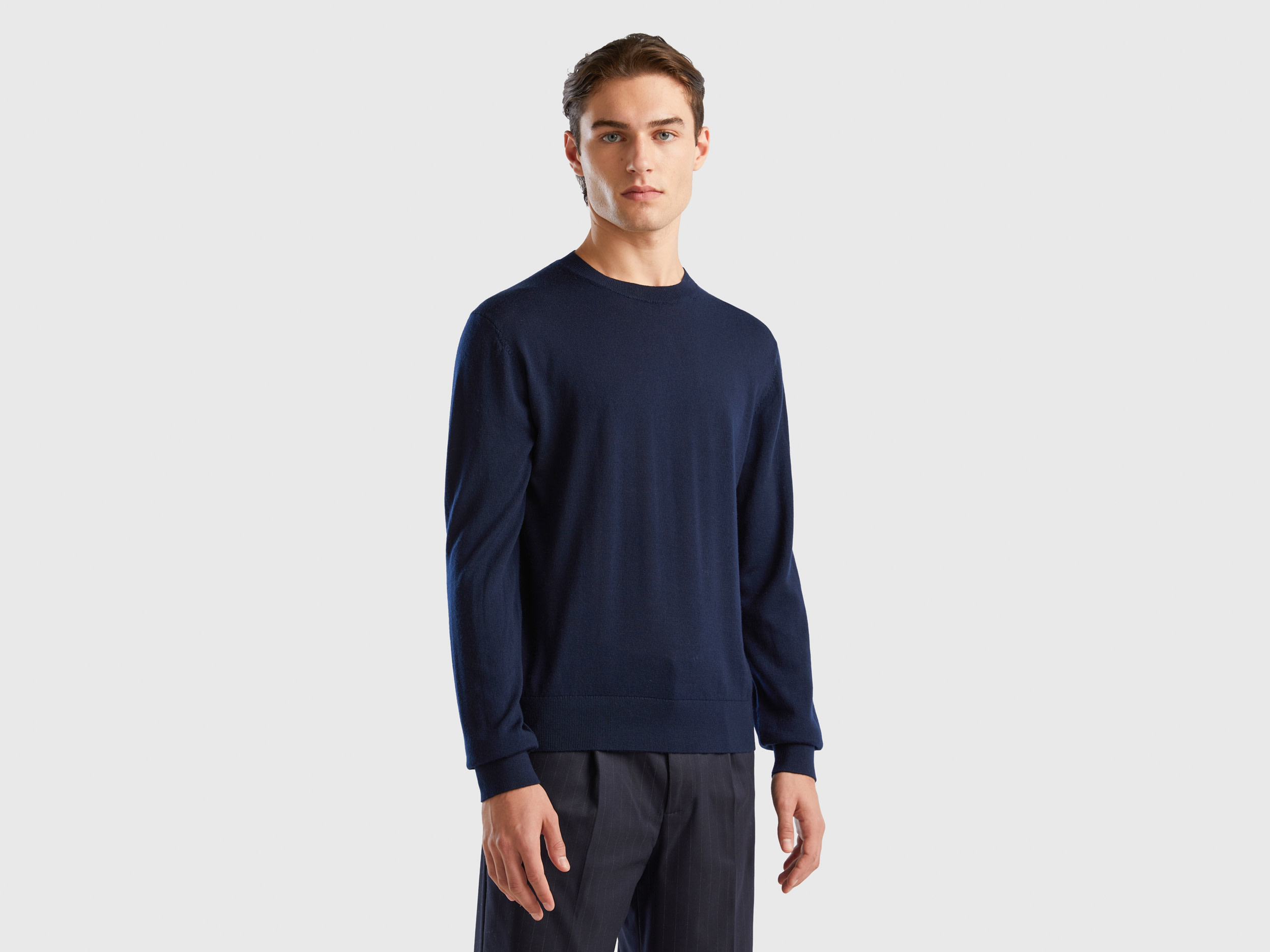Benetton, Dark Blue Sweater In Pure Merino Wool, size XXL, Dark Blue, Men