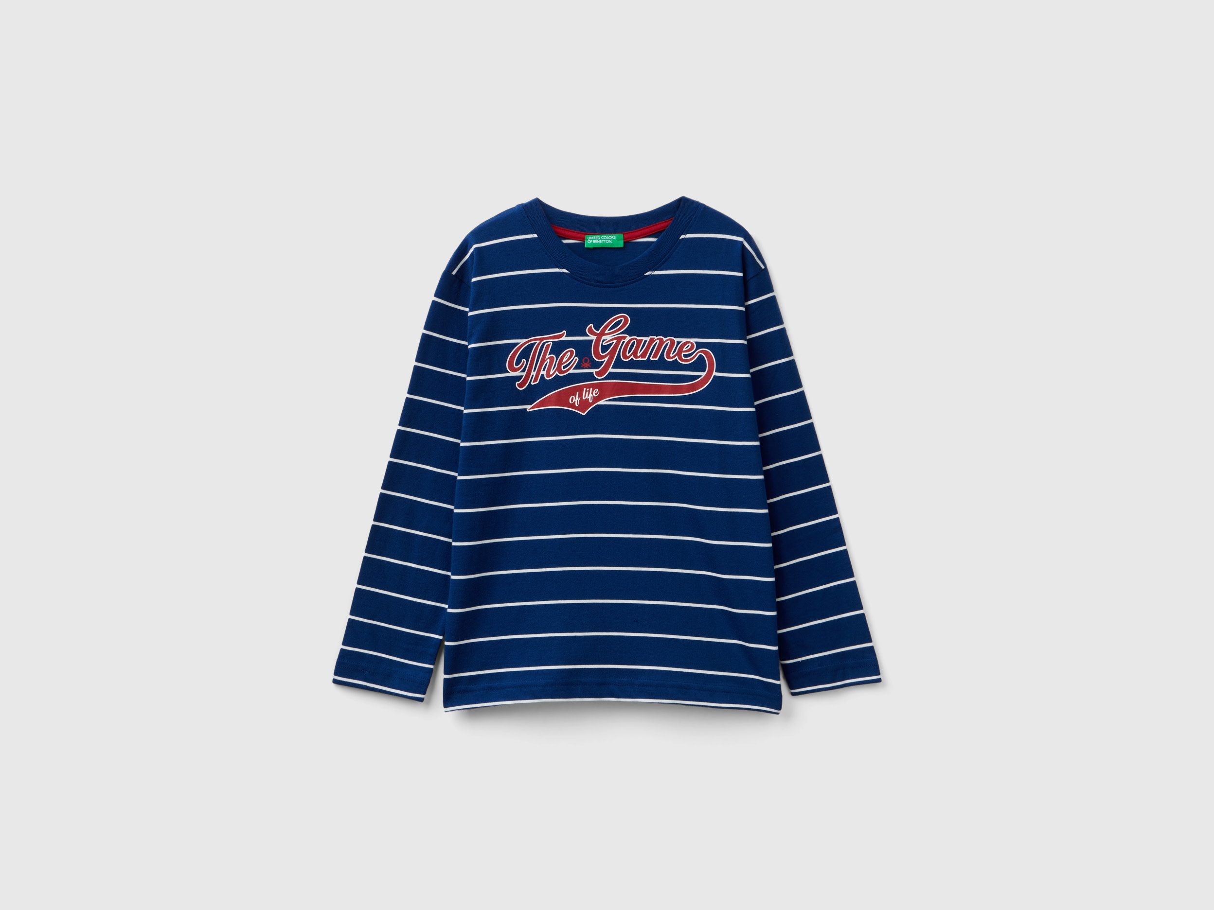 Benetton, T-shirt A Righe Con Slogan, Blu, Bambini