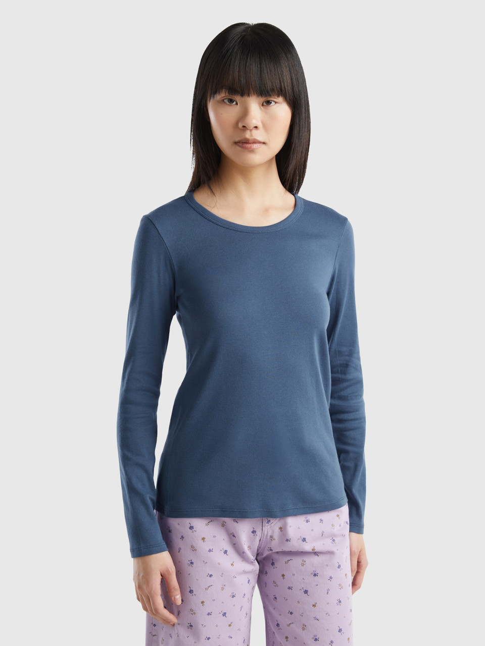 Benetton, T-shirt Manches Longues En Pur Coton, Bleu Horizon, Femme