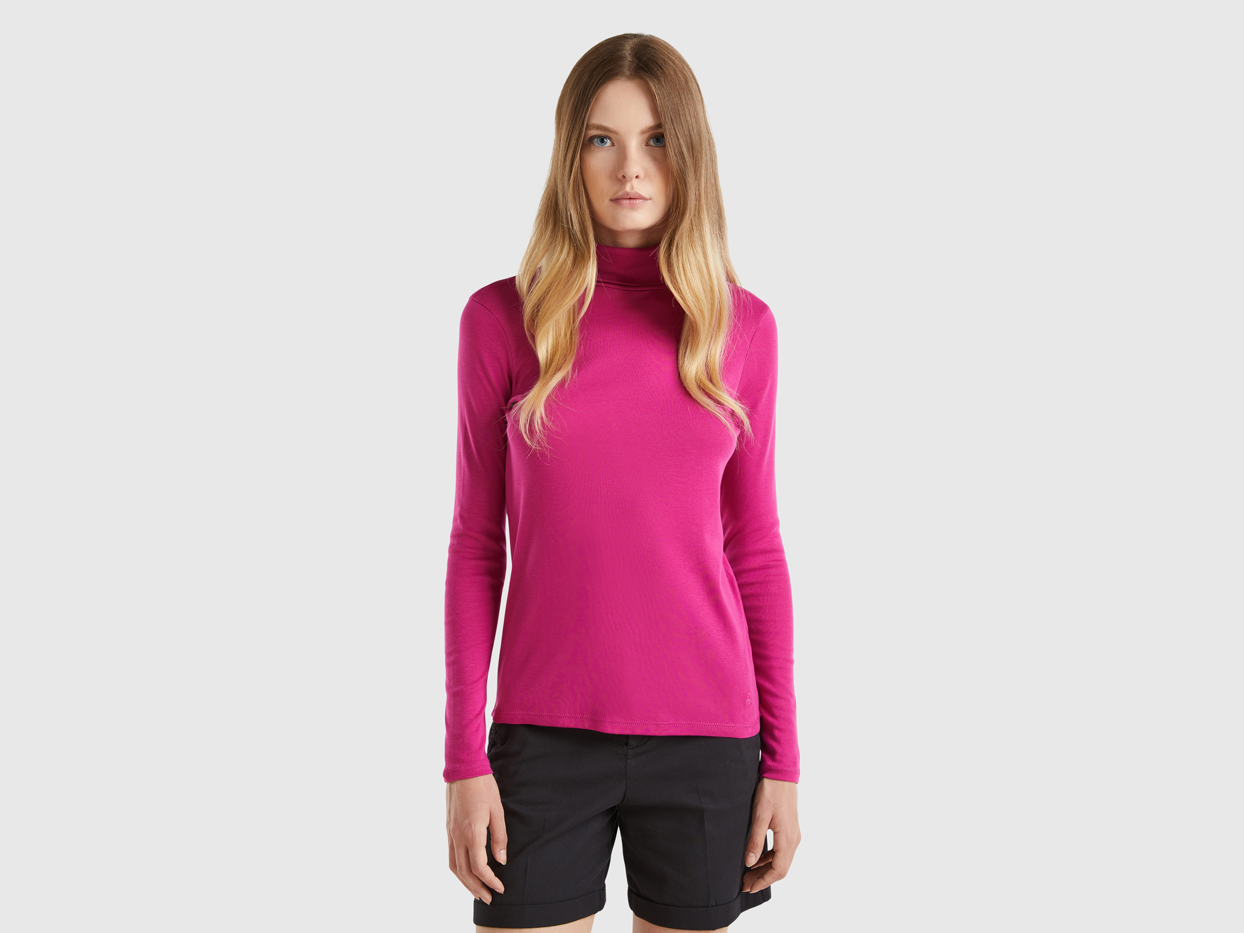 Benetton, T-shirt A Manica Lunga Con Collo Alto, Ciclamino, Donna