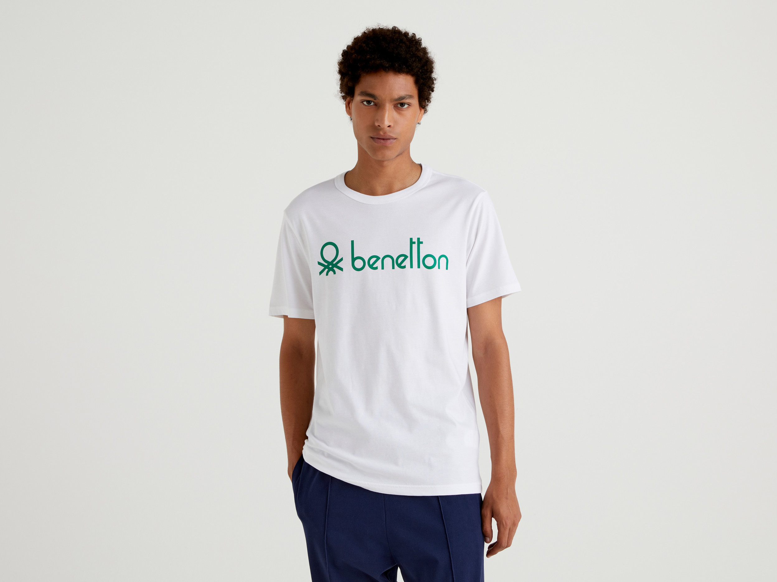Benetton, T-shirt Blanc En Coton Bio À Imprimé Logo, taille XL, Blanc, Homme