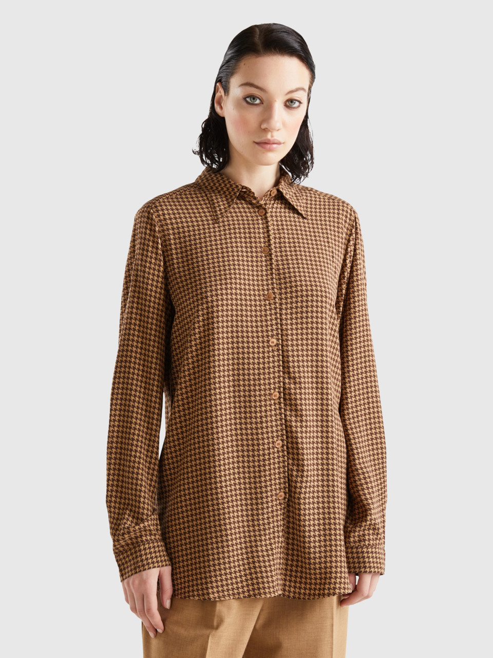 Benetton, Patterned Shirt In Sustainable Viscose, Brown, Women