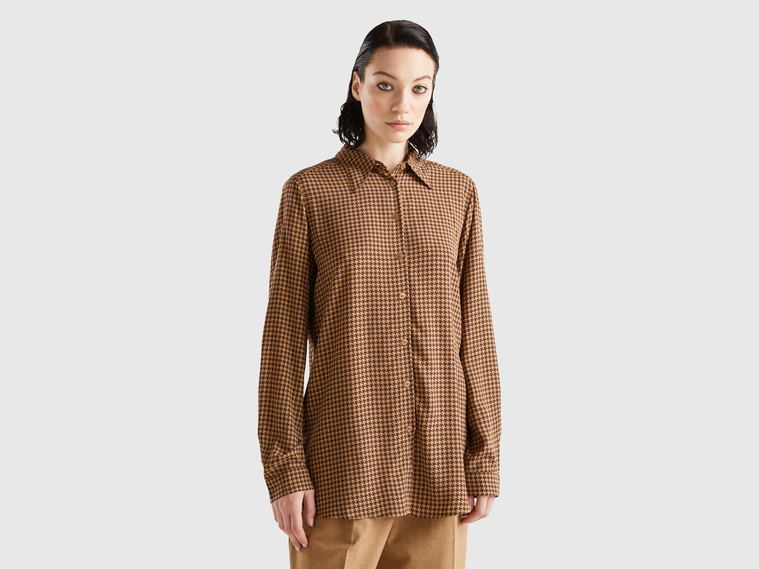 Benetton, Patterned Shirt In Sustainable Viscose, size XL, Brown, Women