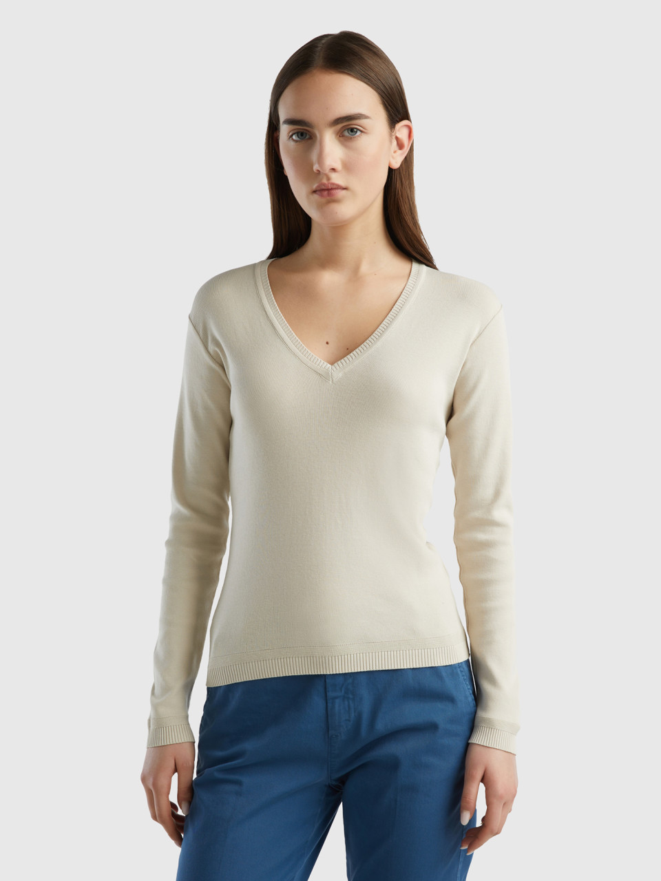 Benetton, V-neck Sweater In Pure Cotton, Beige, Women