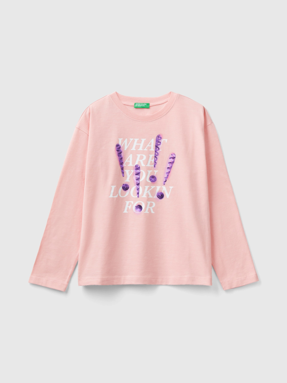 Benetton, T-shirt With Print And Sequins, Pink, Kids