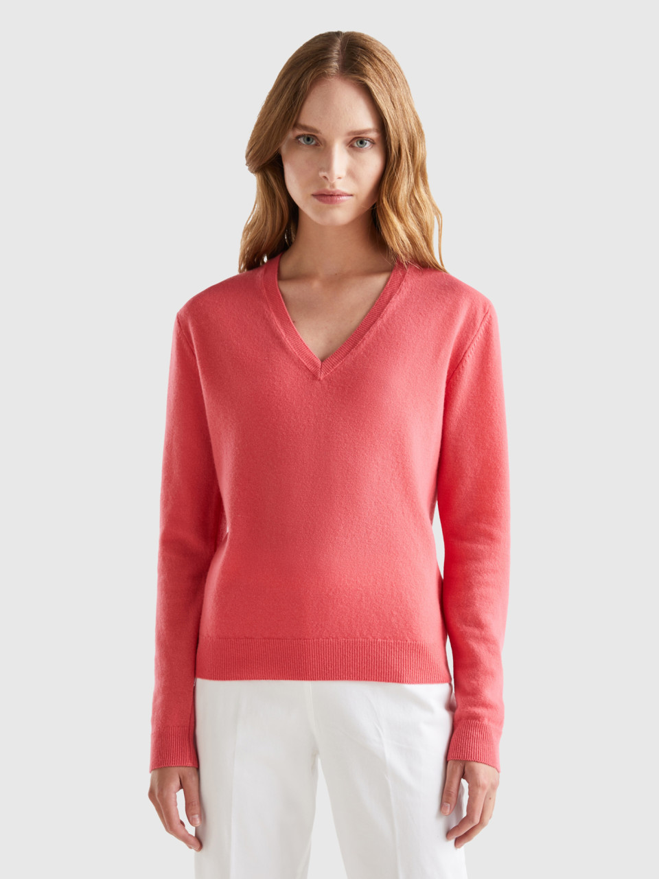 Benetton, Strawberry Red V-neck Sweater In Pure Merino Wool, Strawberry, Women