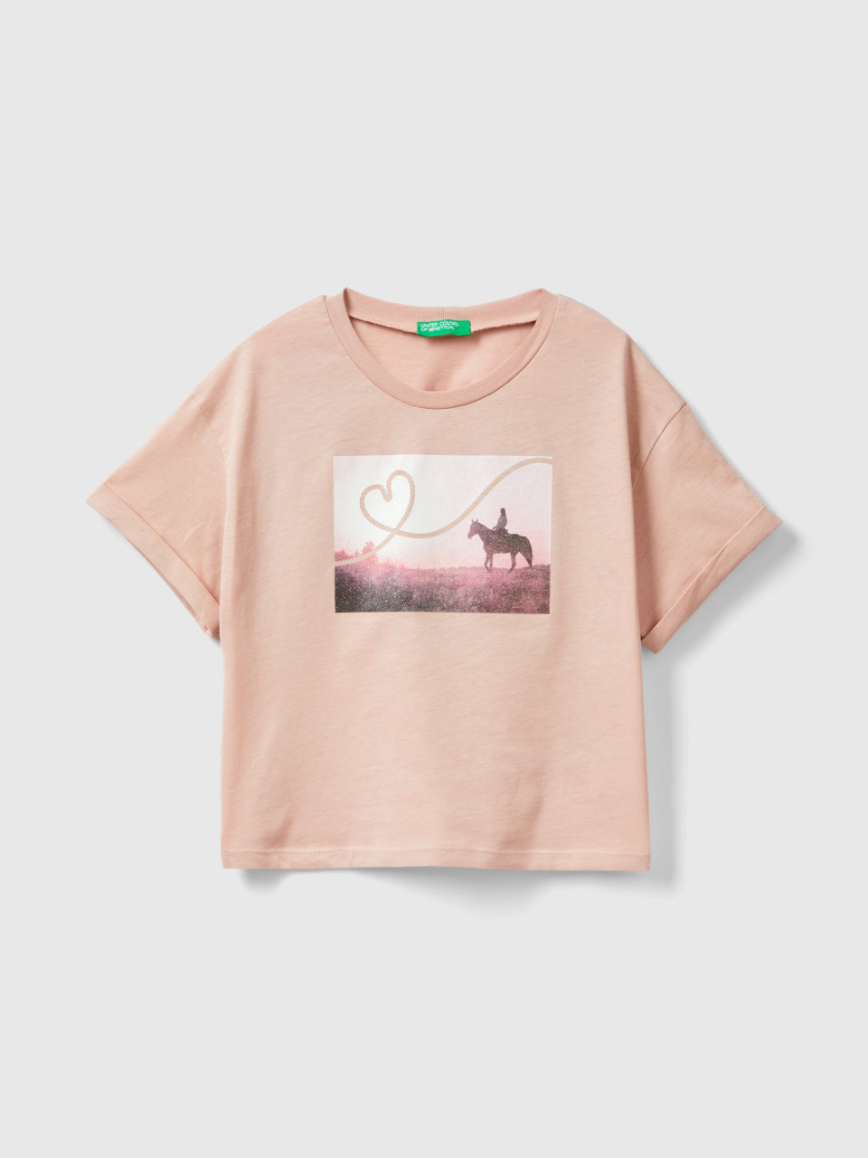 Benetton, T-shirt With Photographic Horse Print, Soft Pink, Kids
