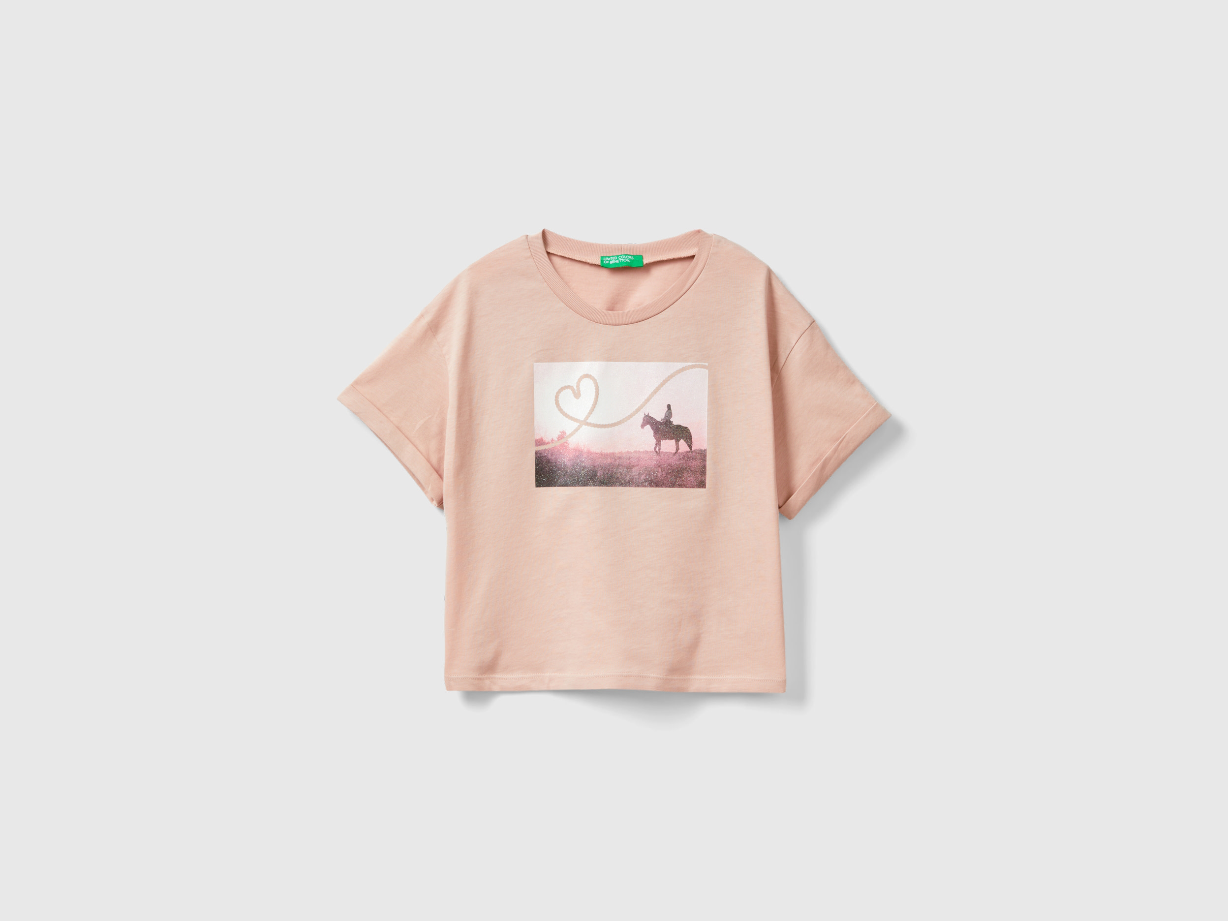 Image of Benetton, T-shirt With Photographic Horse Print, size 3XL, Soft Pink, Kids