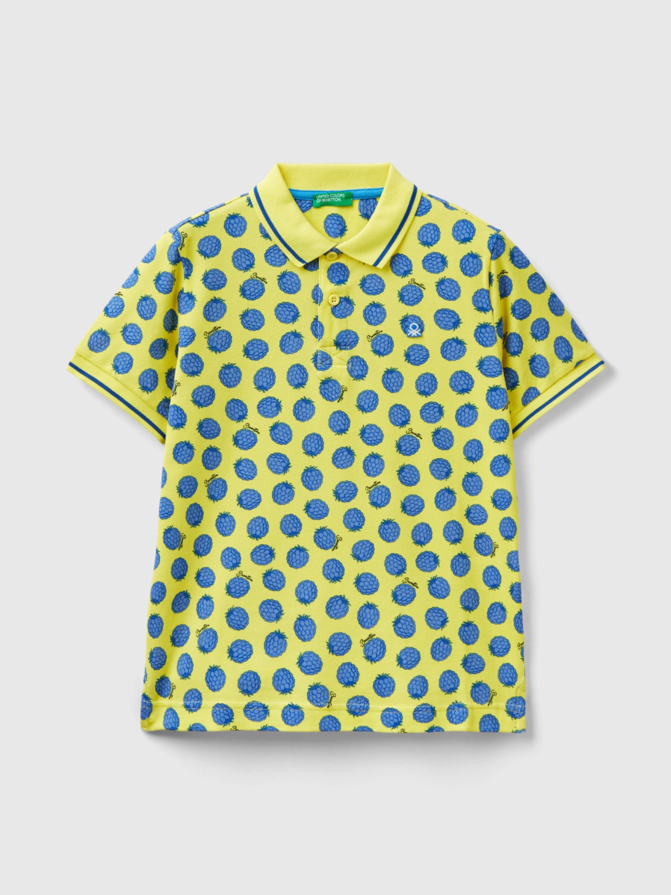 Benetton, Yellow Polo Shirt With Blackberry Pattern, Yellow, Kids