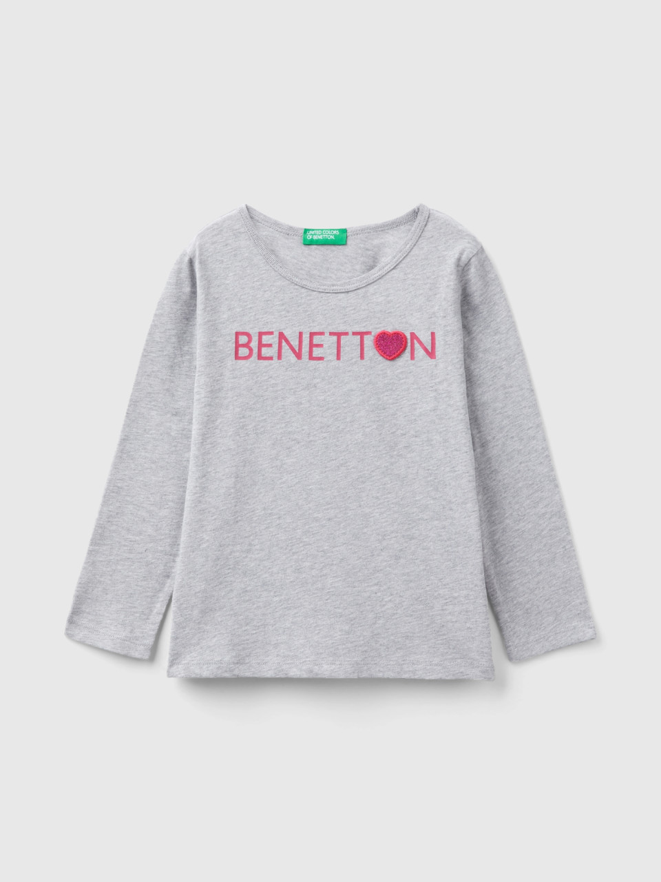 Benetton, Organic Cotton T-shirt With Glittery Print, Light Gray, Kids