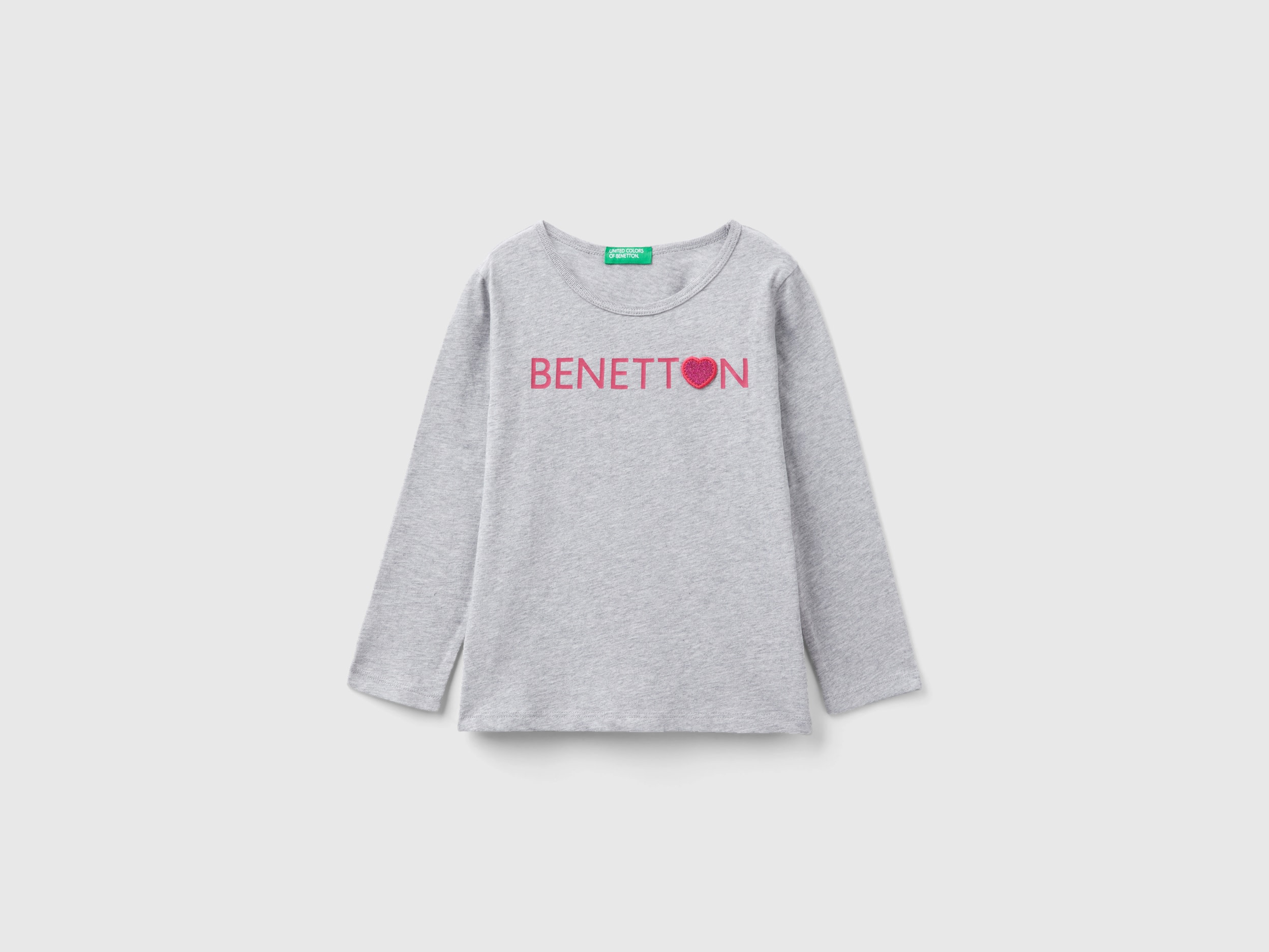 Benetton, Organic Cotton T-shirt With Glittery Print, size 3-4, Light Gray, Kids