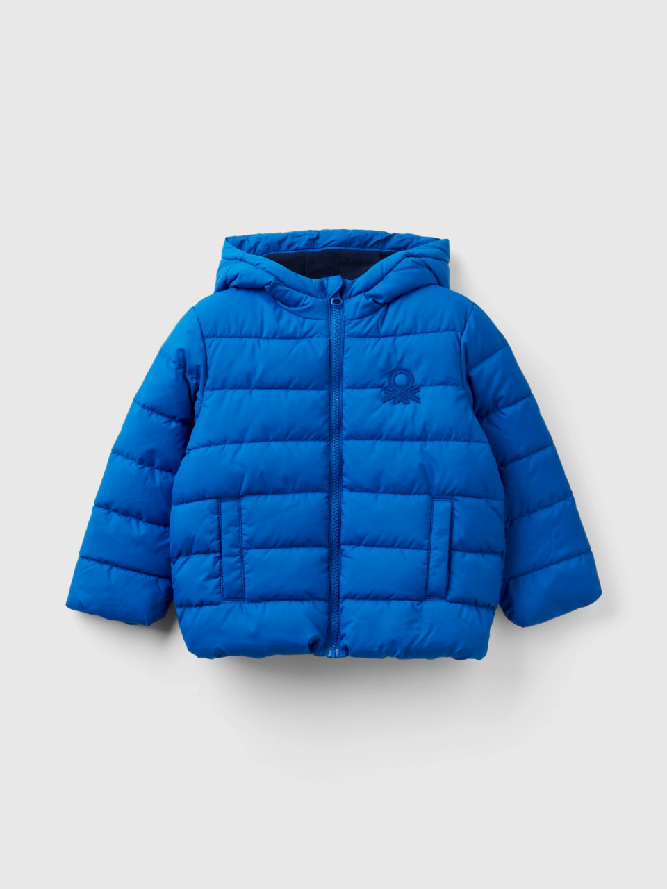 Benetton, Puffer Jacket With Hood And Logo, Bright Blue, Kids