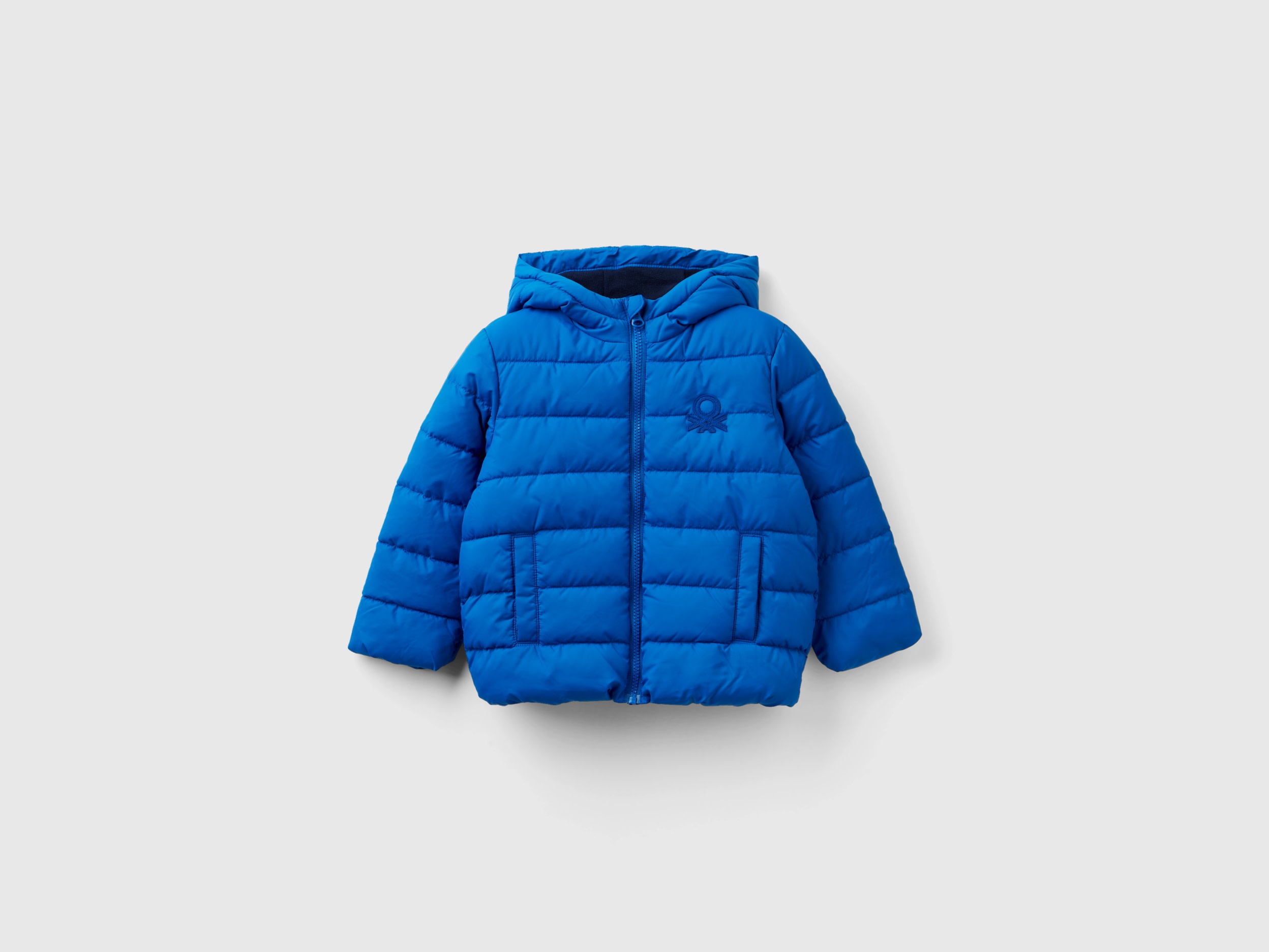Benetton, Puffer Jacket With Hood And Logo, size 2-3, Bright Blue, Kids