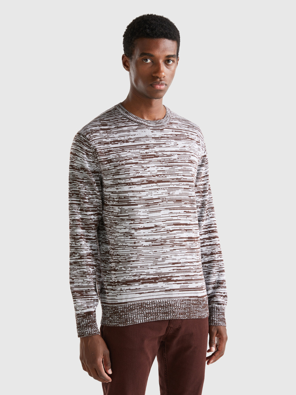 Benetton, Sweater With Striped Motif, Dark Brown, Men