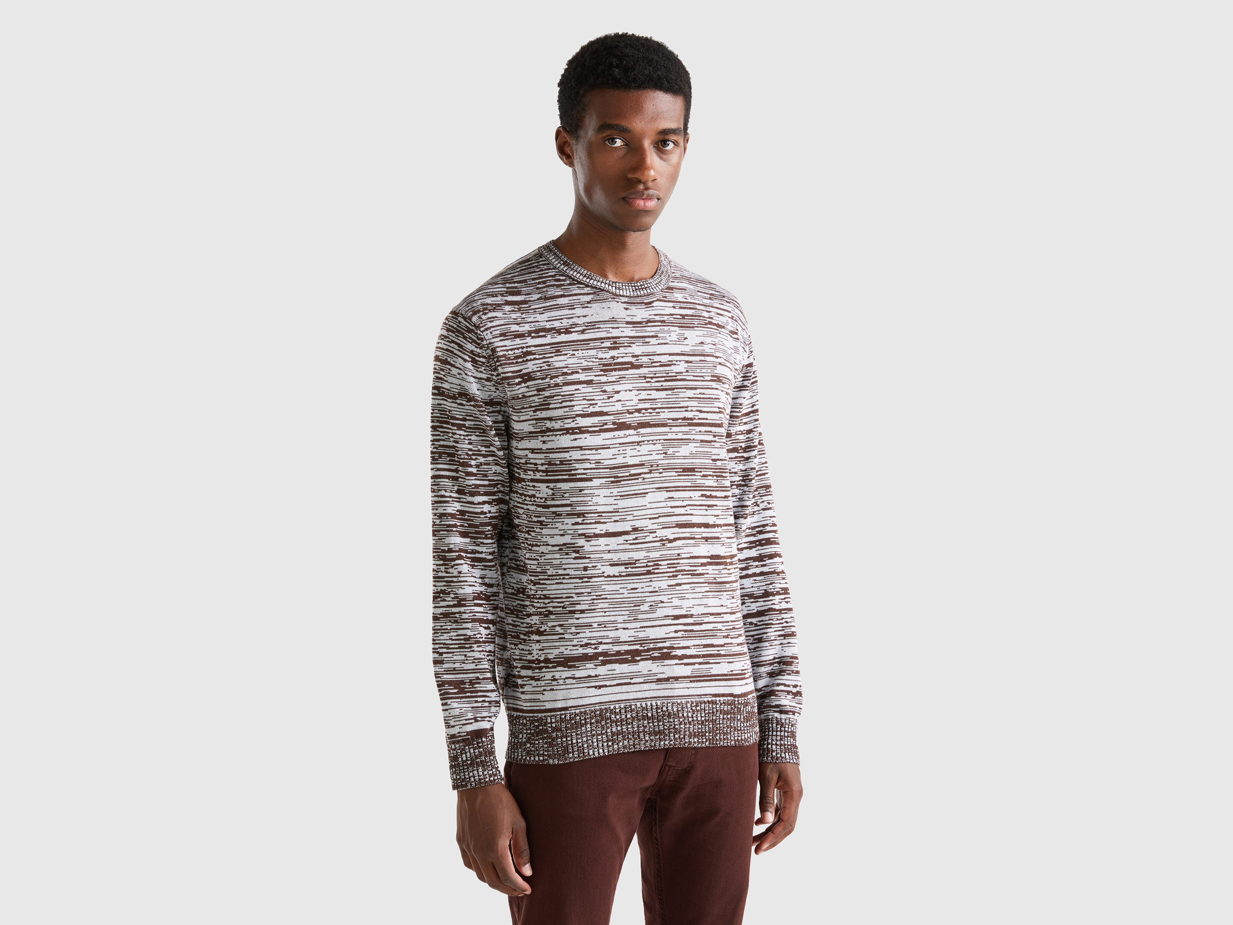 Benetton, Sweater With Striped Motif, size XXL, Dark Brown, Men
