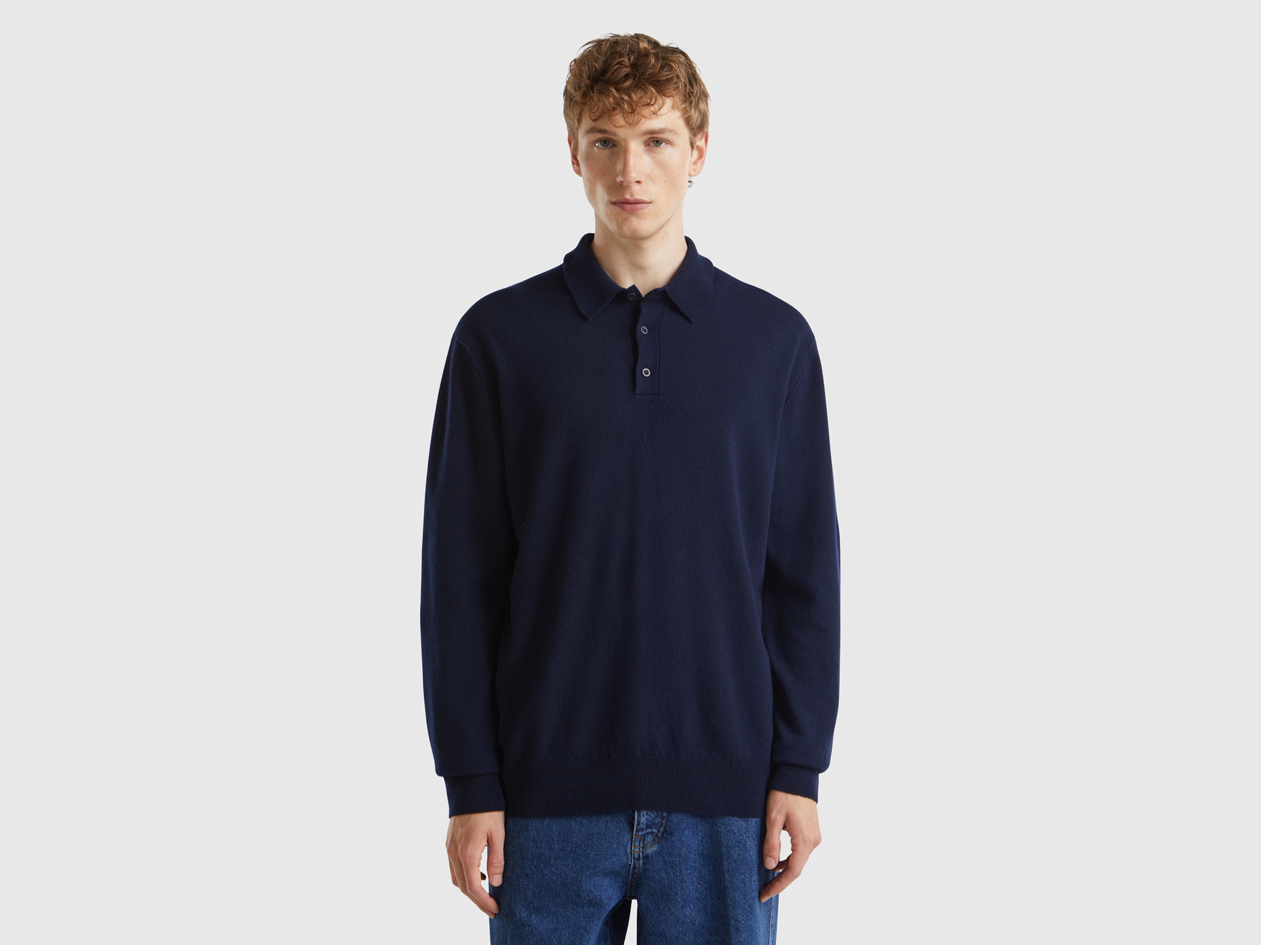 Benetton, Polo Blu Notte In Pura Lana Merino, Blu Scuro, Uomo