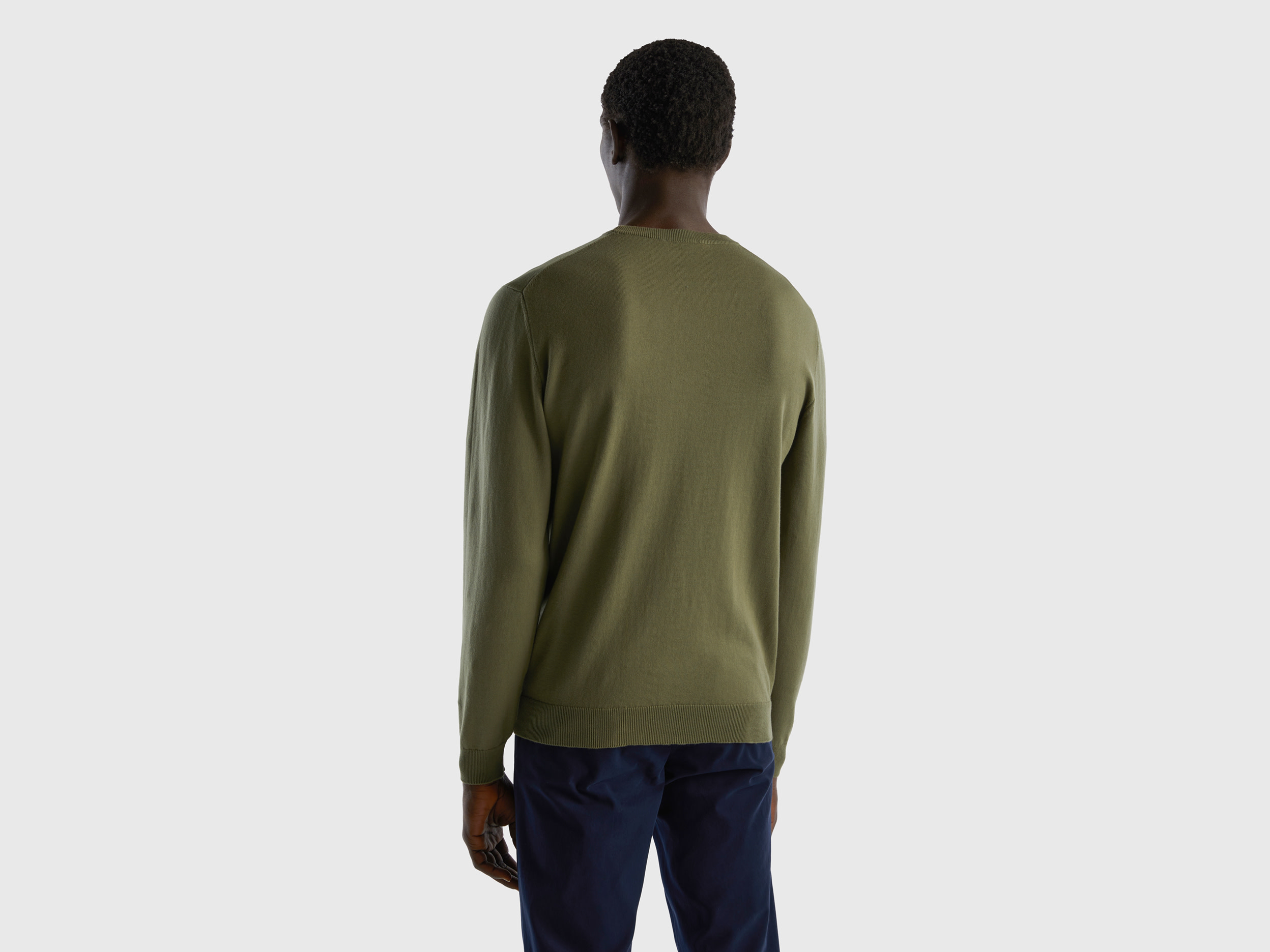 Benetton, Crew Neck Sweater In 100% Cotton, Taglia Xxl, Military Green, Men