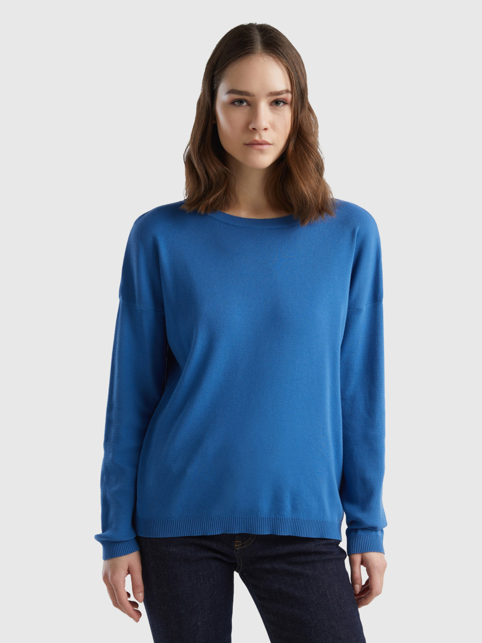 Benetton, Cotton Sweater With Round Neck, Blue, Women