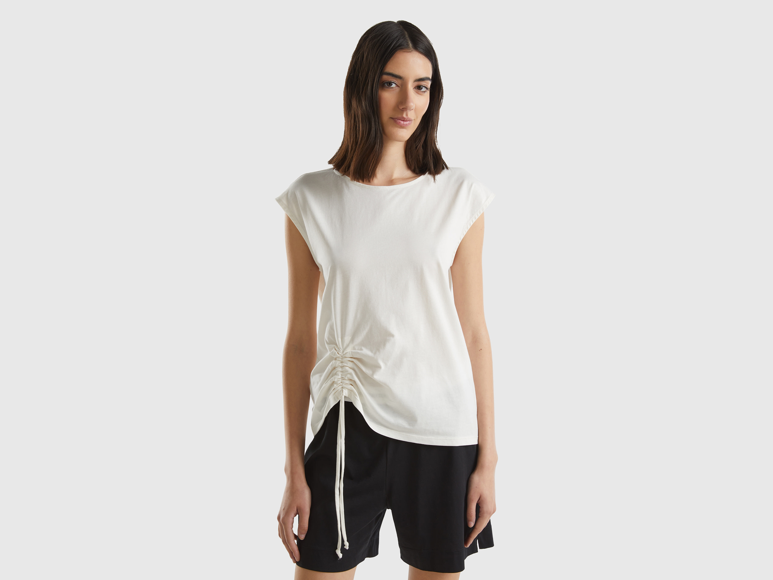 Benetton, Top In Cotone A Fibra Lunga, Bianco Panna, Donna