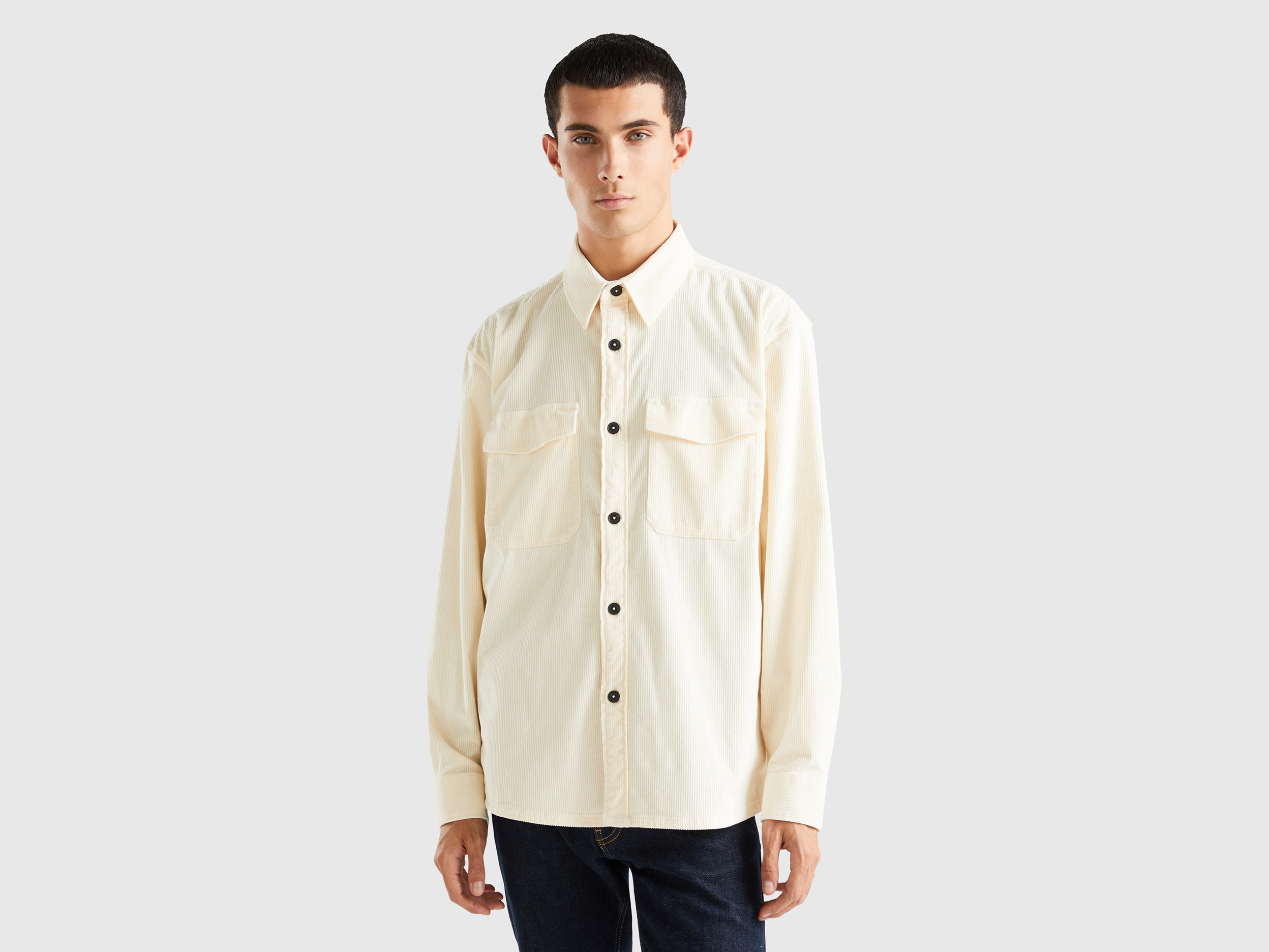 Benetton, Velvet Ribbed Shirt, size XXL, Creamy White, Men