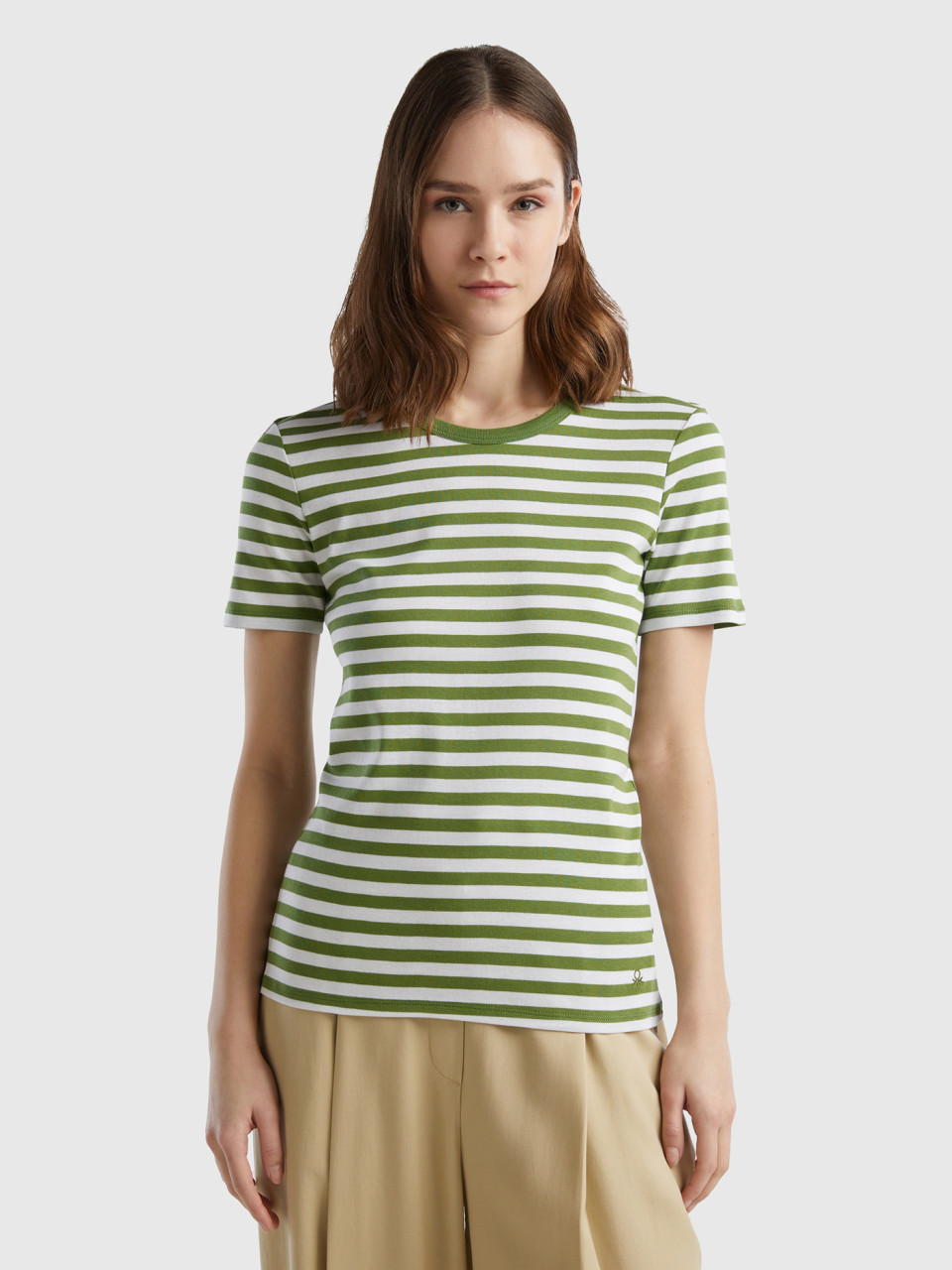 Benetton, Camiseta De Cuello Redondo A Rayas, Verde, Mujer