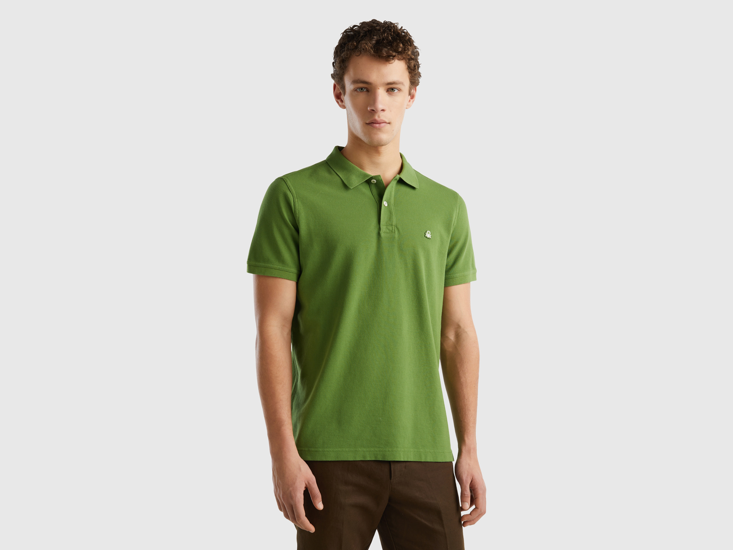Image of Benetton, Military Green Regular Fit Polo, size L, Military Green, Men