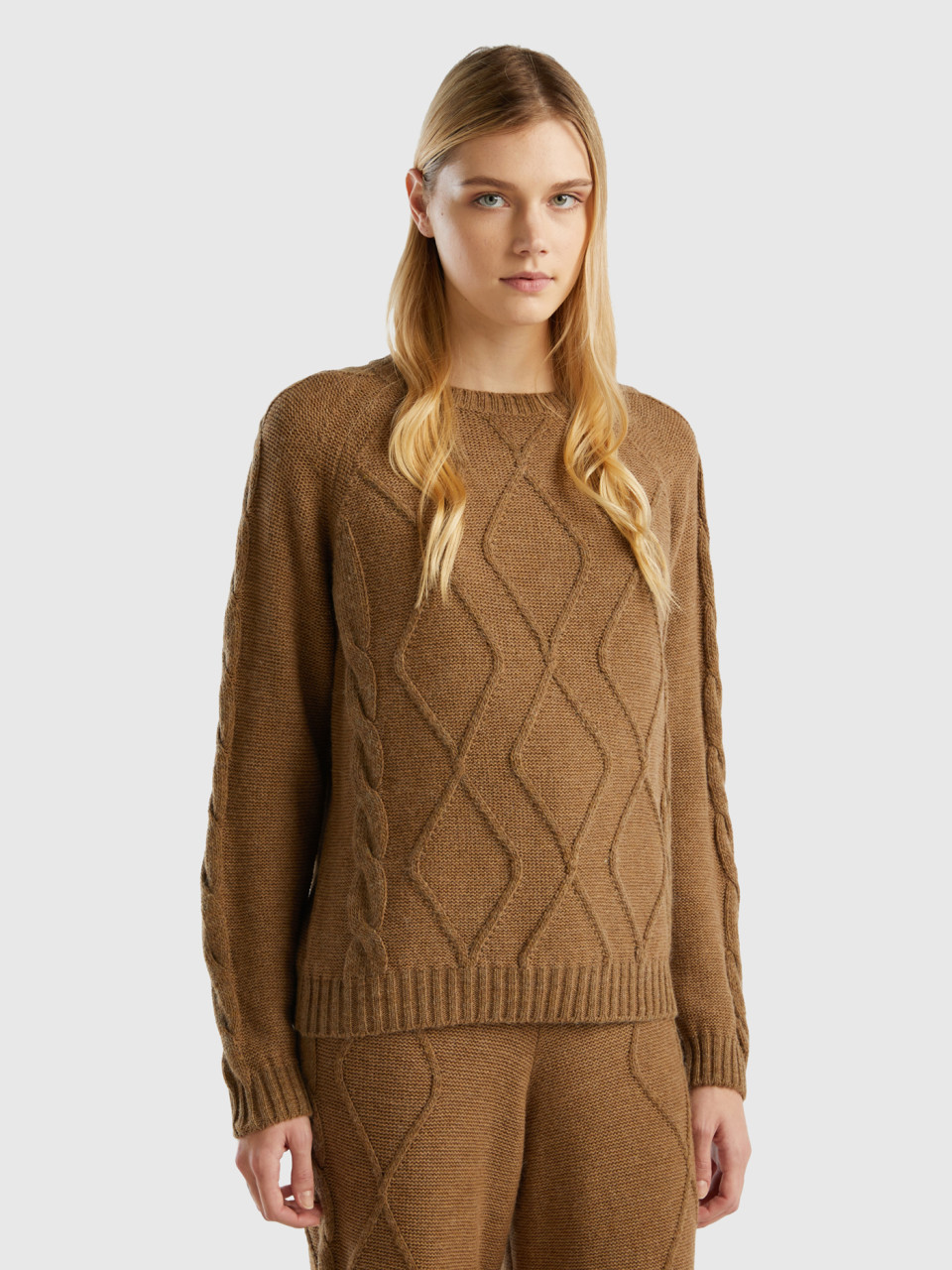Benetton, Sweater With Cables And Diamonds, Camel, Women