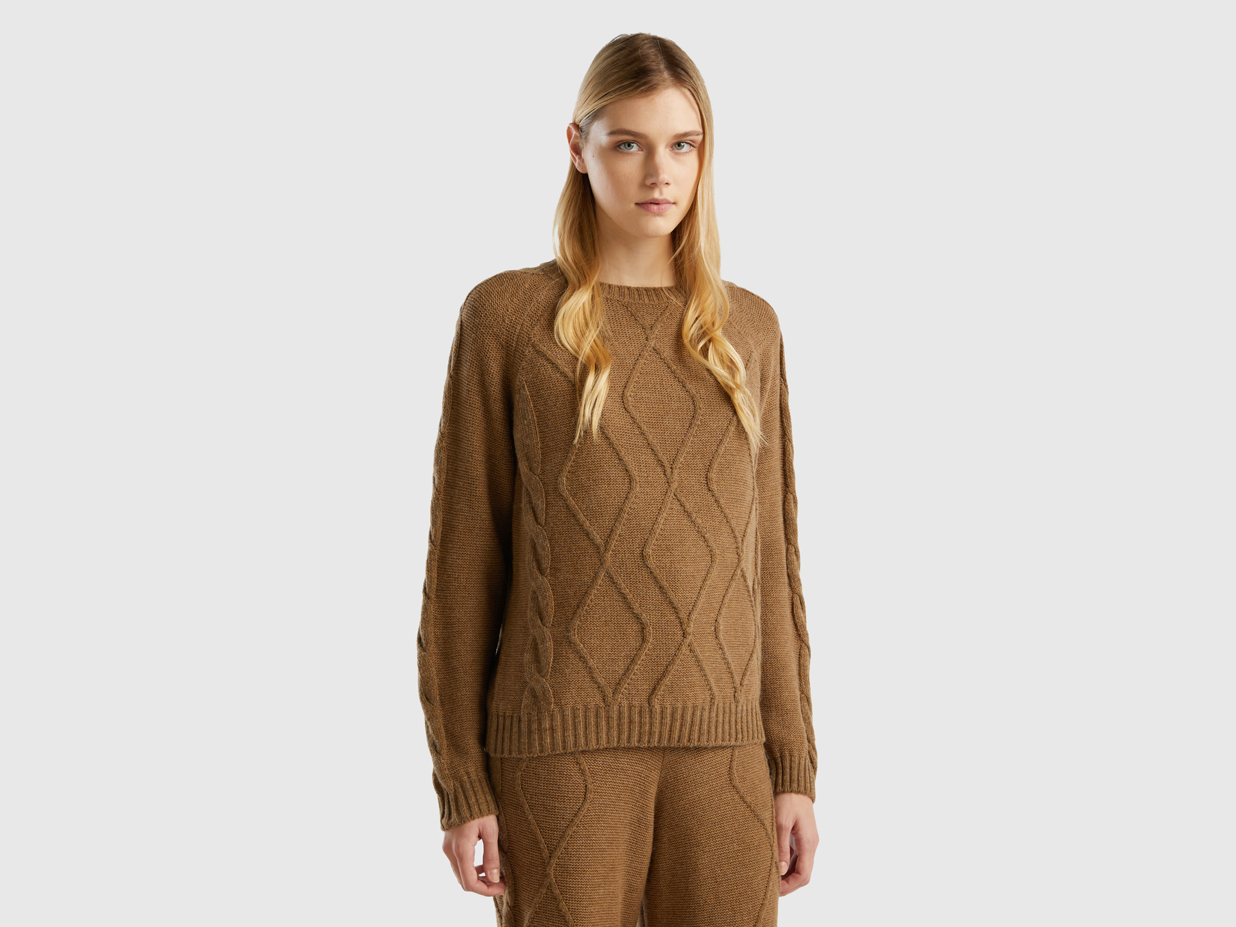 Benetton, Sweater With Cables And Diamonds, size M, Camel, Women