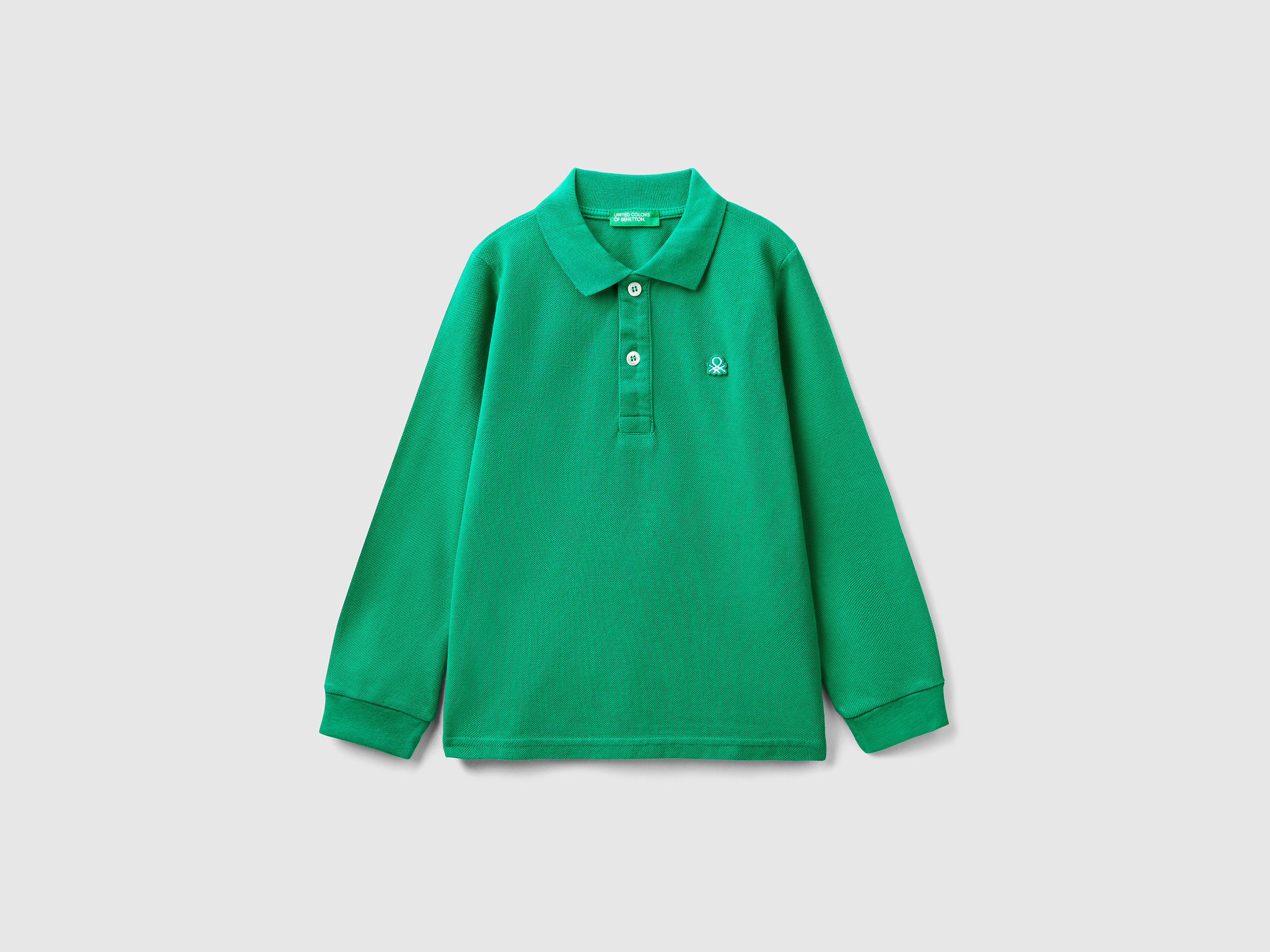 Benetton, Long Sleeve Polo In Organic Cotton, size 4-5, Green, Kids