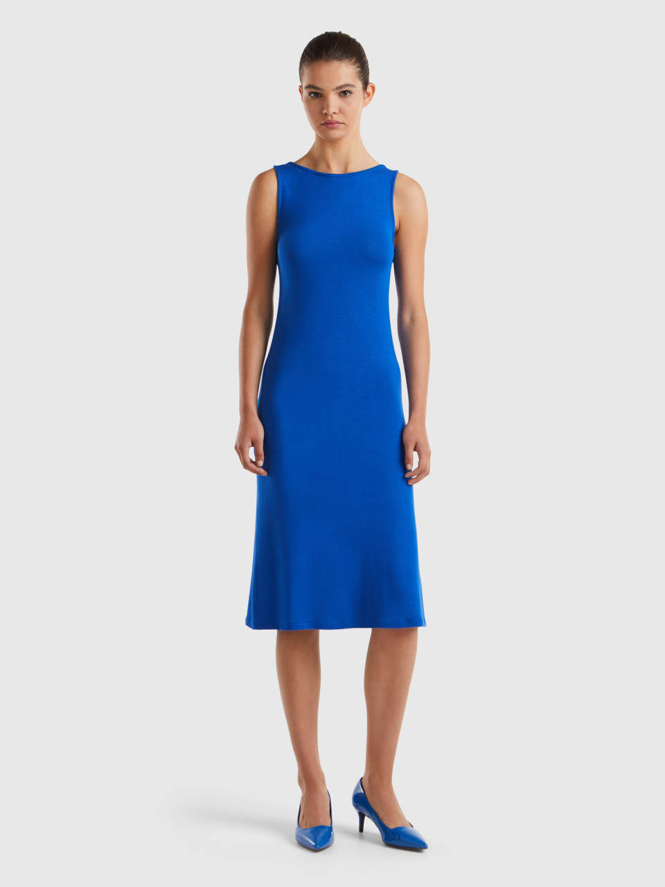 Benetton, Reversible Dress In Stretch Viscose, Bright Blue, Women