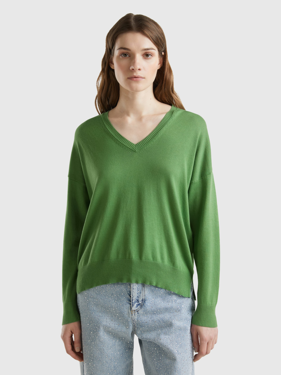 Benetton, V-neck Sweater In Modal® Blend, Military Green, Women