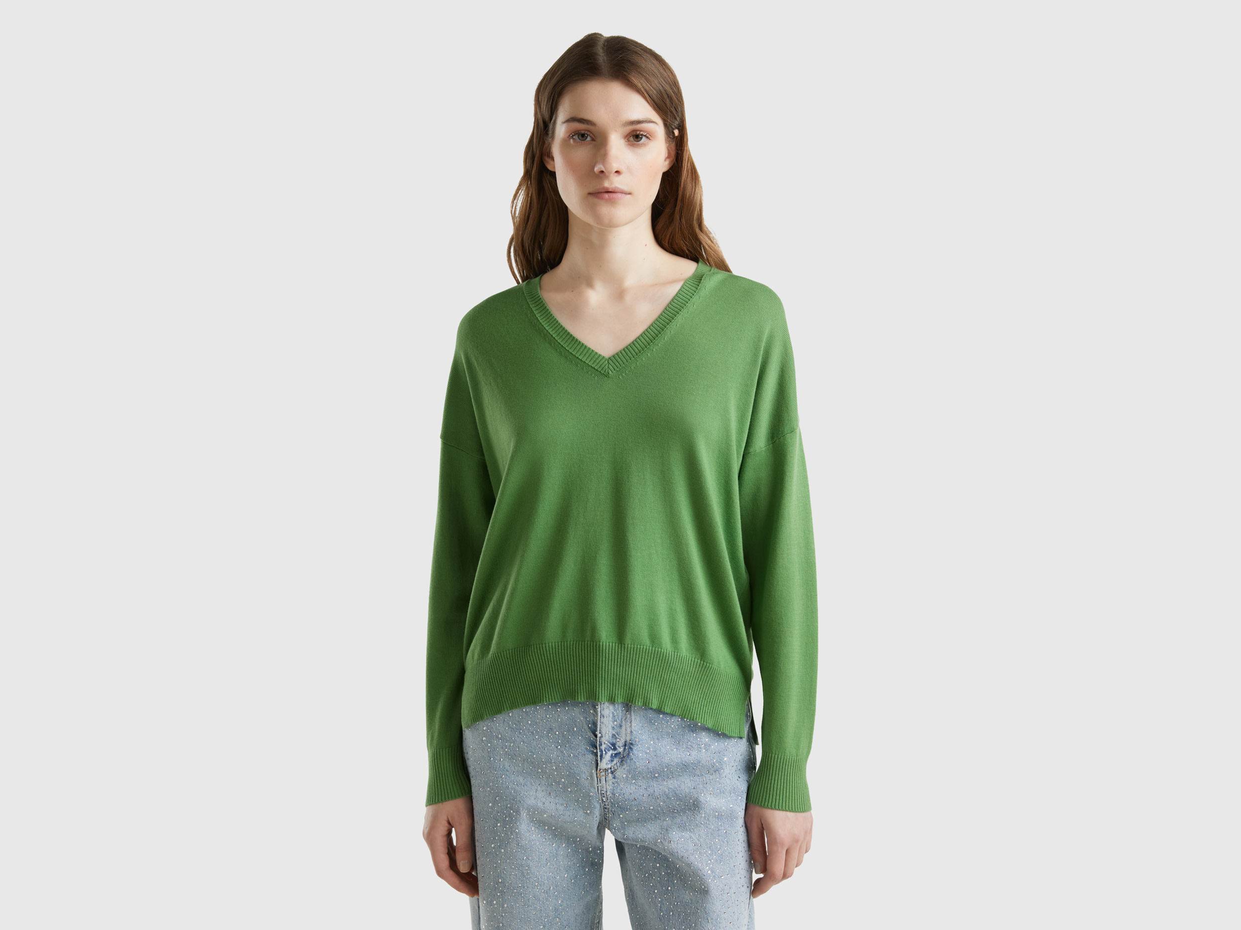 Benetton, Maglia Scollo A V In Misto Modal®, Verde Militare, Donna
