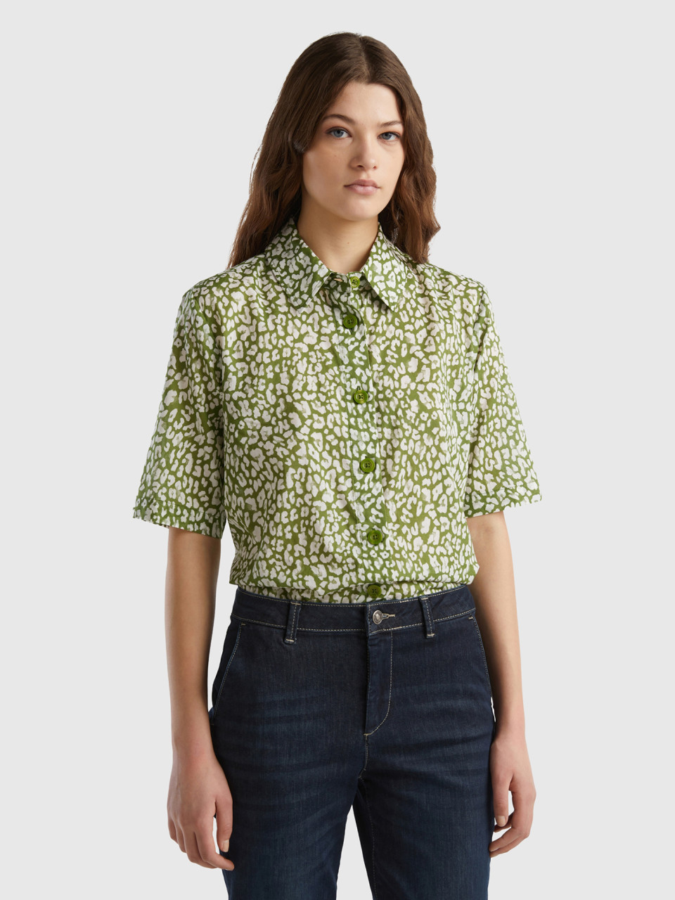 Benetton, Short Sleeve Patterned Shirt, Green, Women
