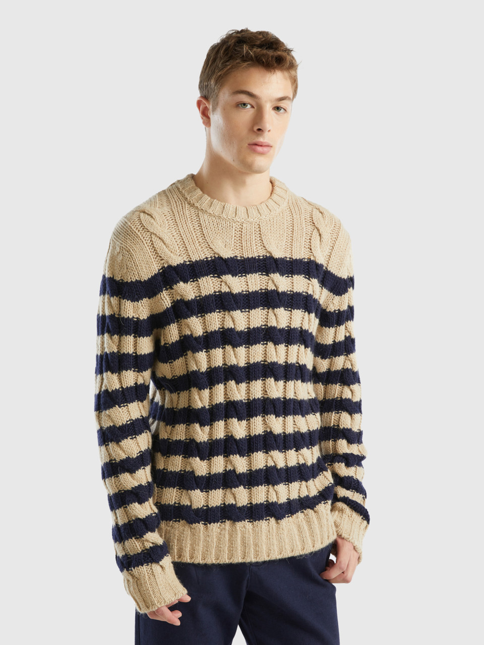 Benetton, Striped Sweater In Alpaca And Wool Blend, Dark Blue, Men