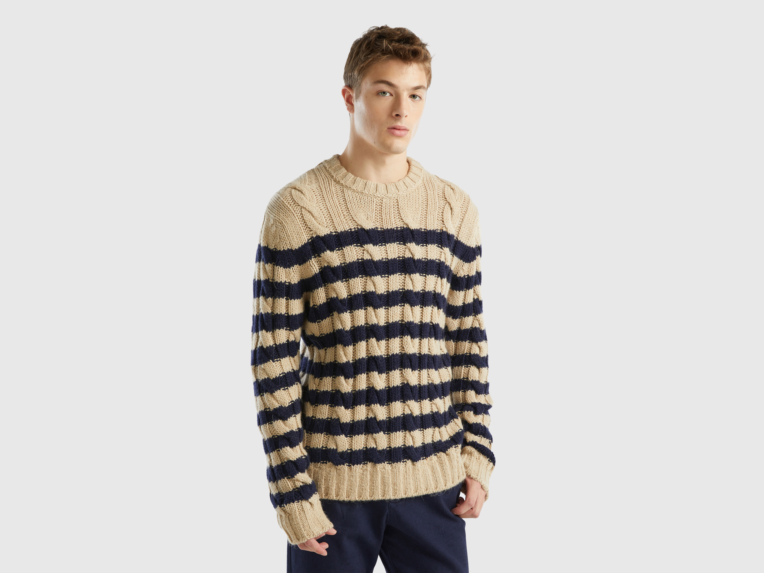 Benetton, Striped Sweater In Alpaca And Wool Blend, size XXL, Dark Blue, Men