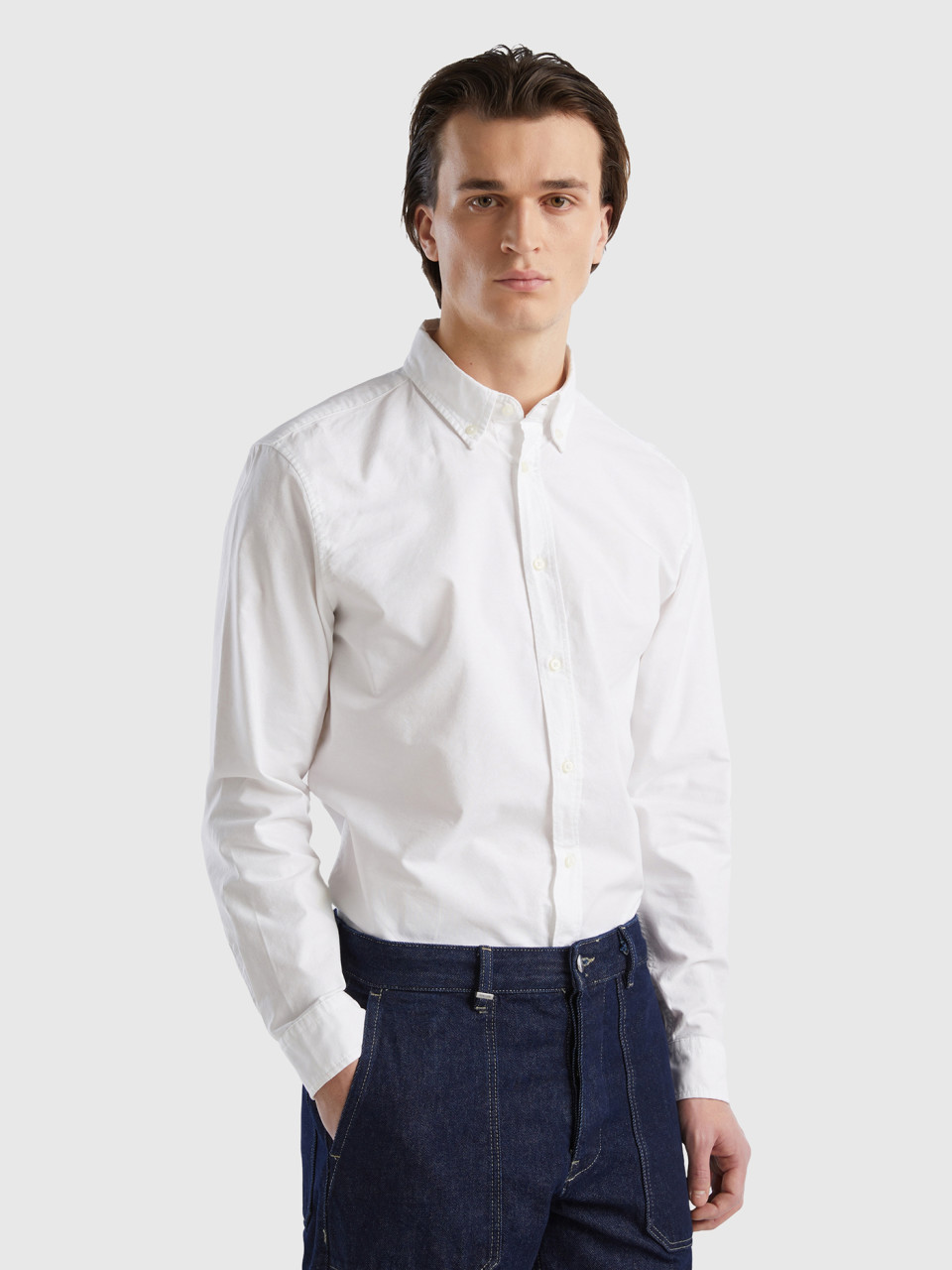 Benetton, Slim-fit-hemd In Button-down-design, Weiss, male
