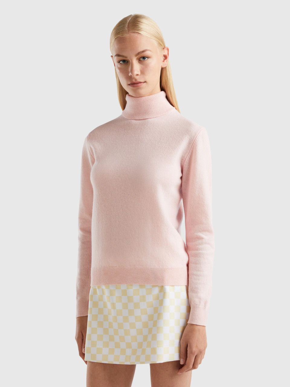 Benetton, Pastel Pink Turtleneck In Pure Merino Wool, Pastel Pink, Women