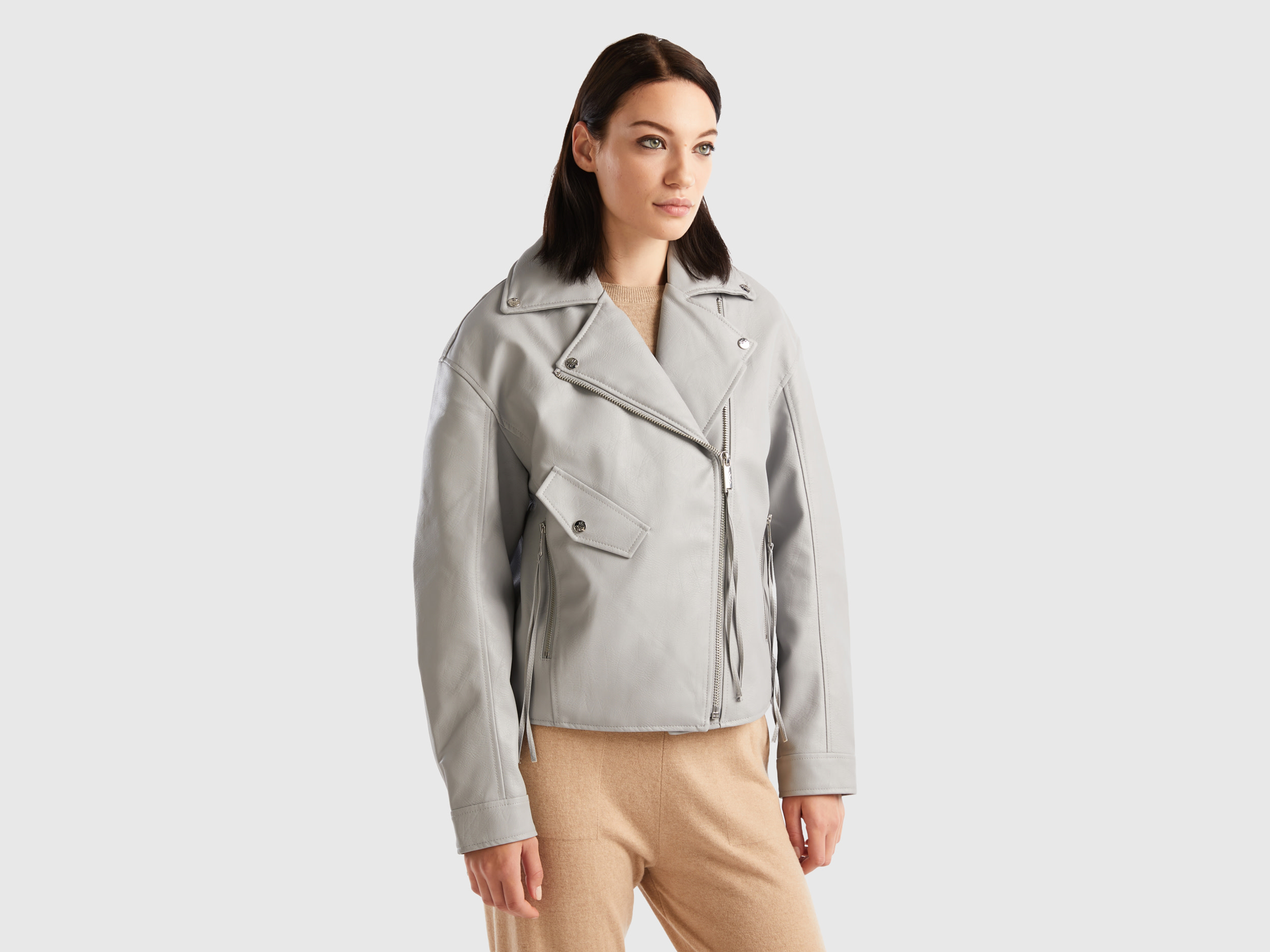 benetton, biker jacket in imitation leather, size xs, light gray, women