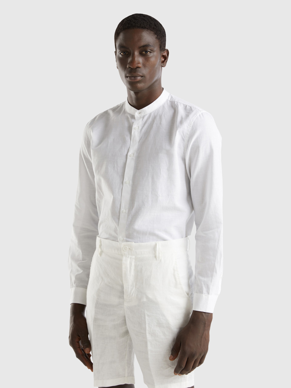 Benetton, Mandarin Collar Shirt In Linen Blend, White, Men