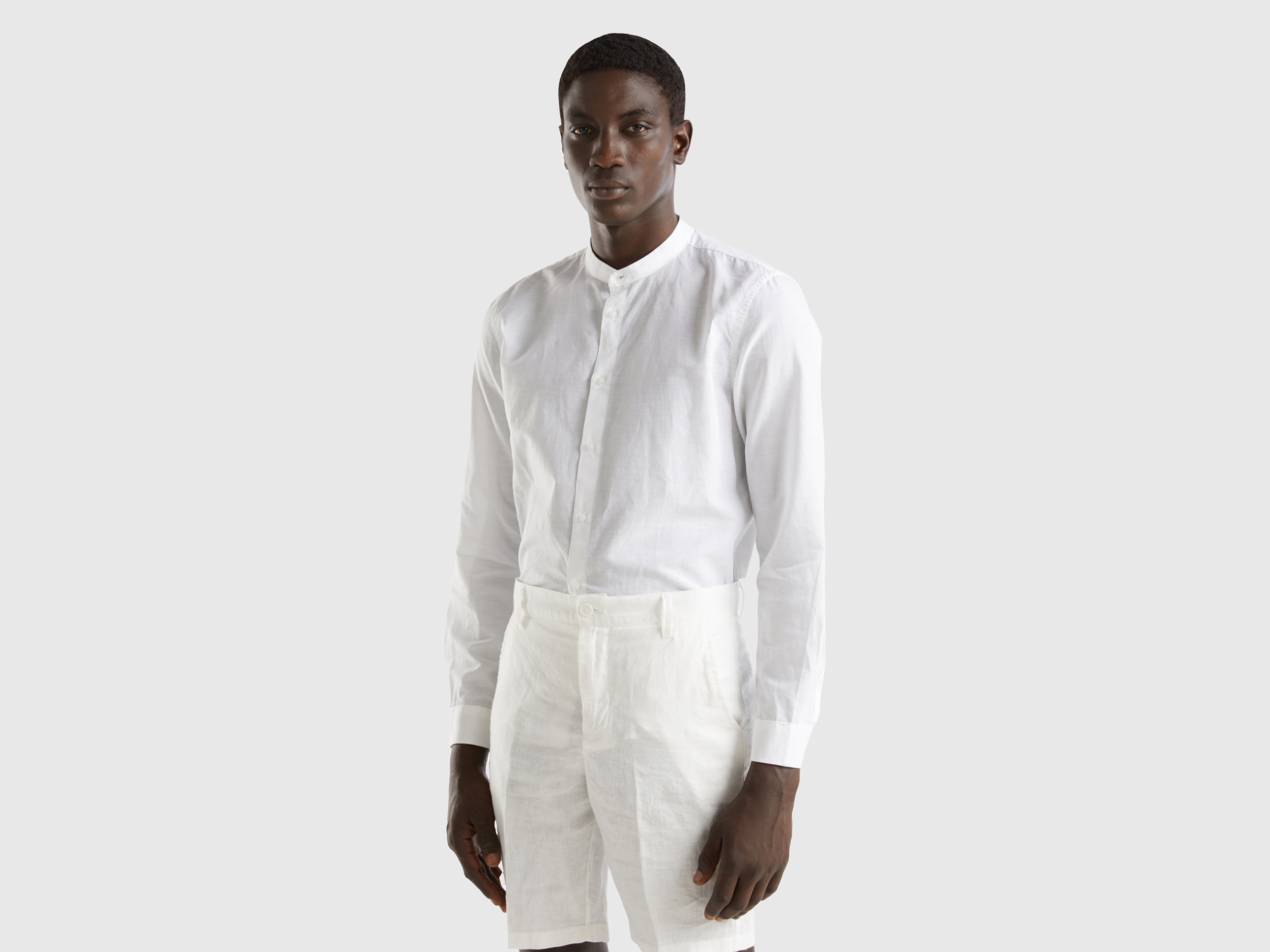 Benetton, Camicia Coreana In Misto Lino, Bianco, Uomo