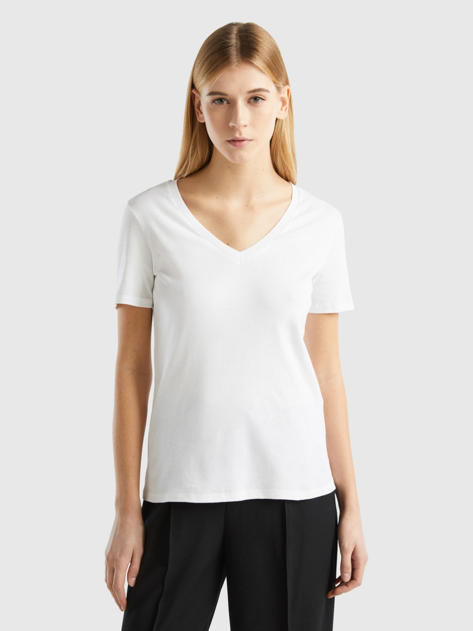 Benetton, T-shirt En Pur Coton Col V, Blanc, Femme