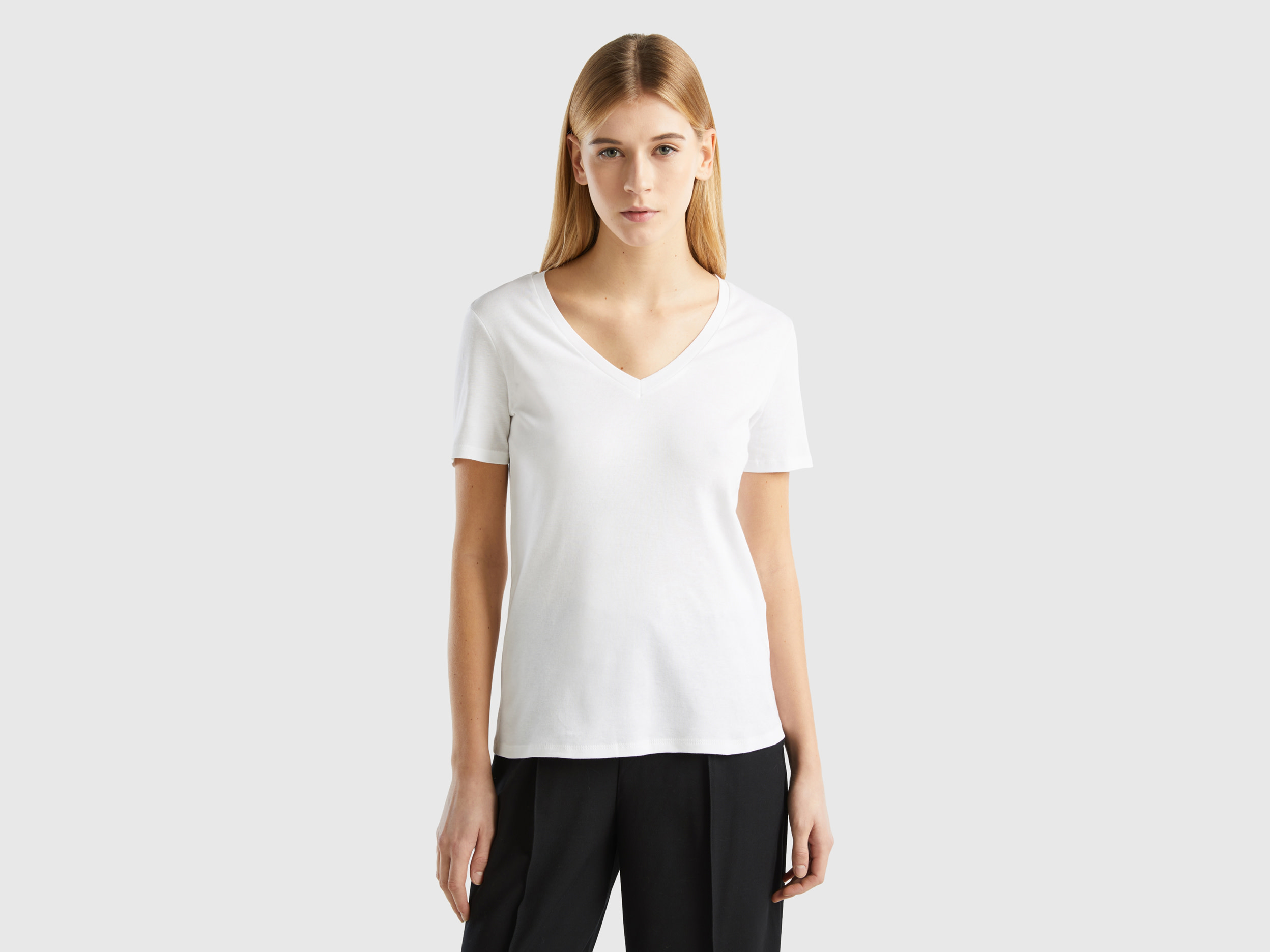 Benetton, Pure Cotton T-shirt With V-neck, size XL, White, Women
