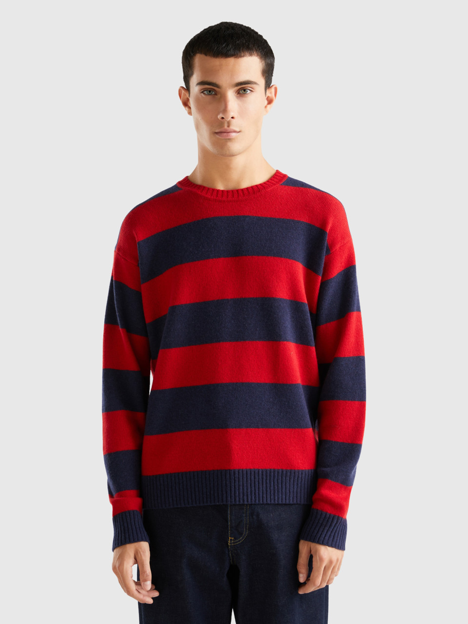 Benetton, Sweater With Two-tone Stripes, Red, Men
