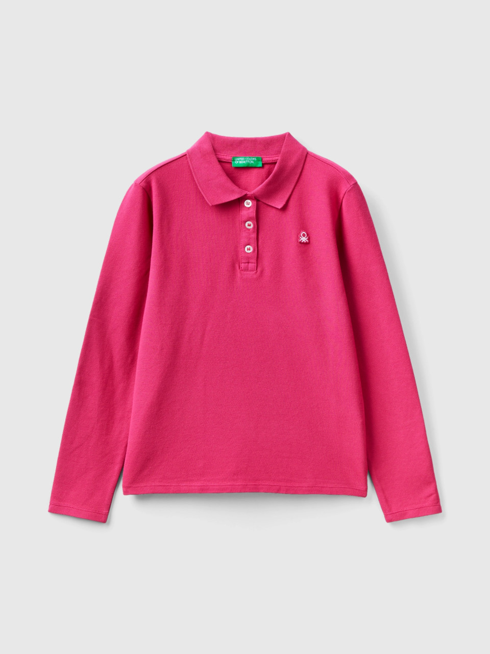 Benetton, Long Sleeve Polo In Organic Cotton, Cyclamen, Kids