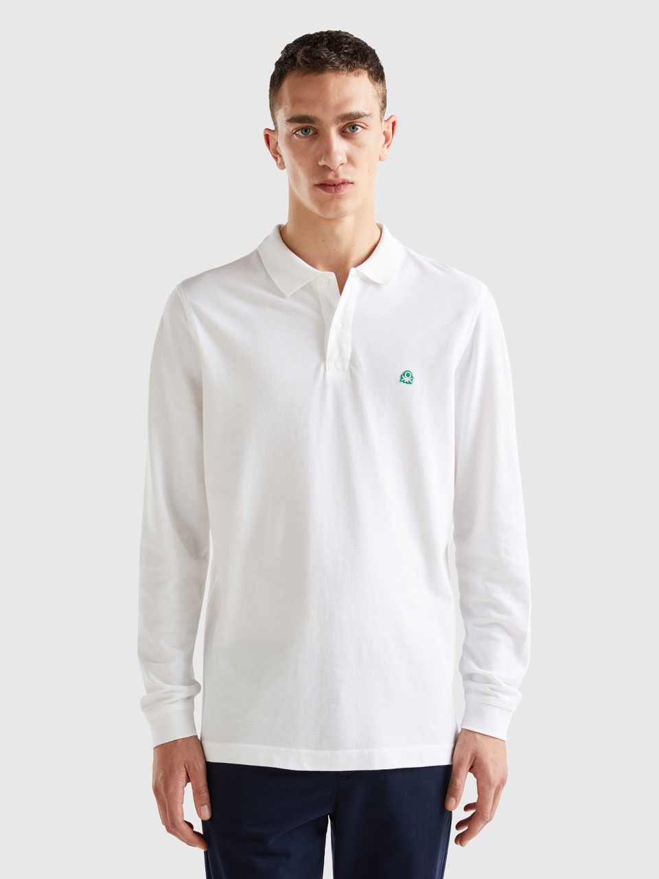 Benetton, Long Sleeve 100% Cotton Polo, White, Men