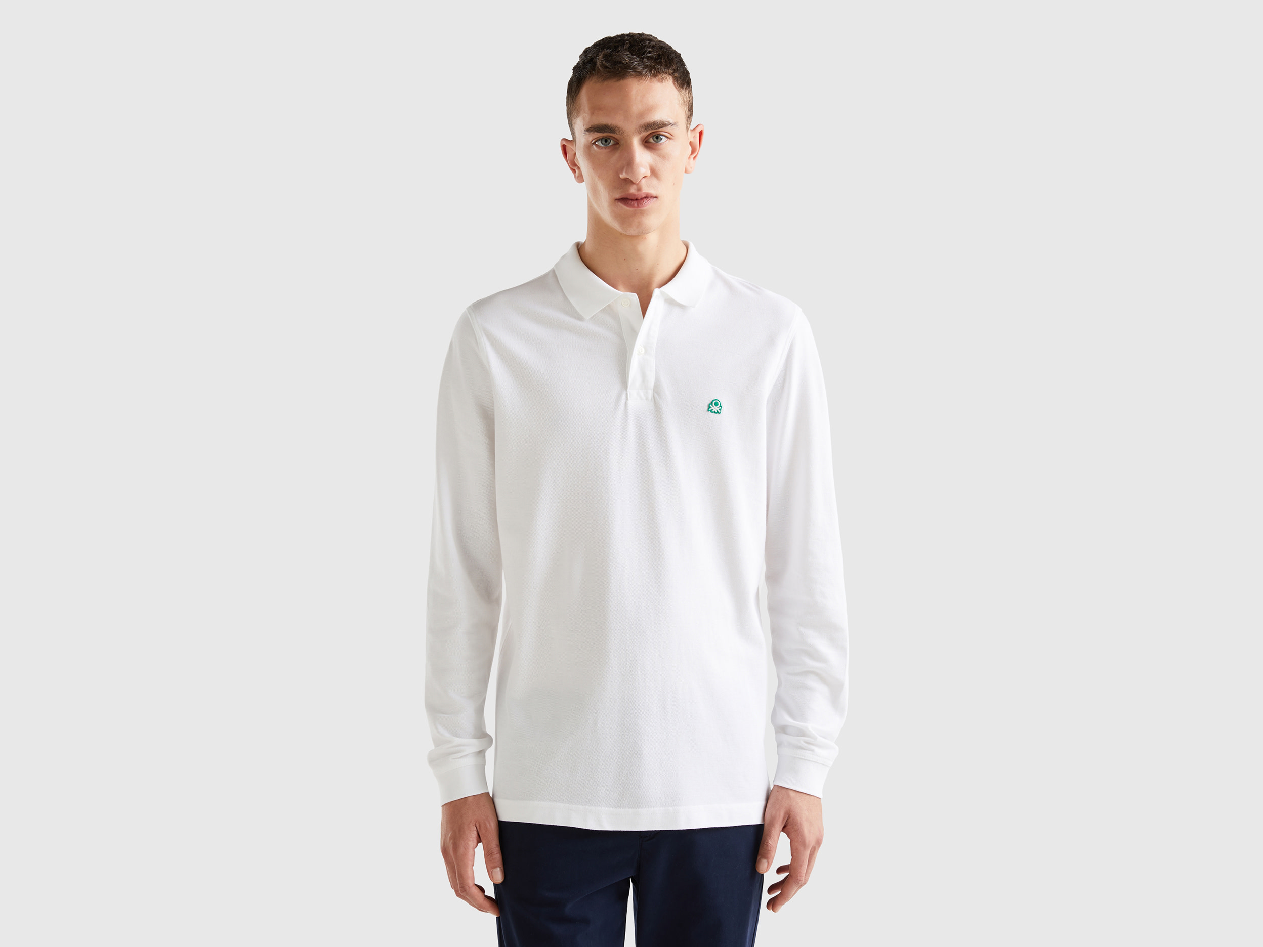Benetton, Long Sleeve 100% Cotton Polo, size XL, White, Men