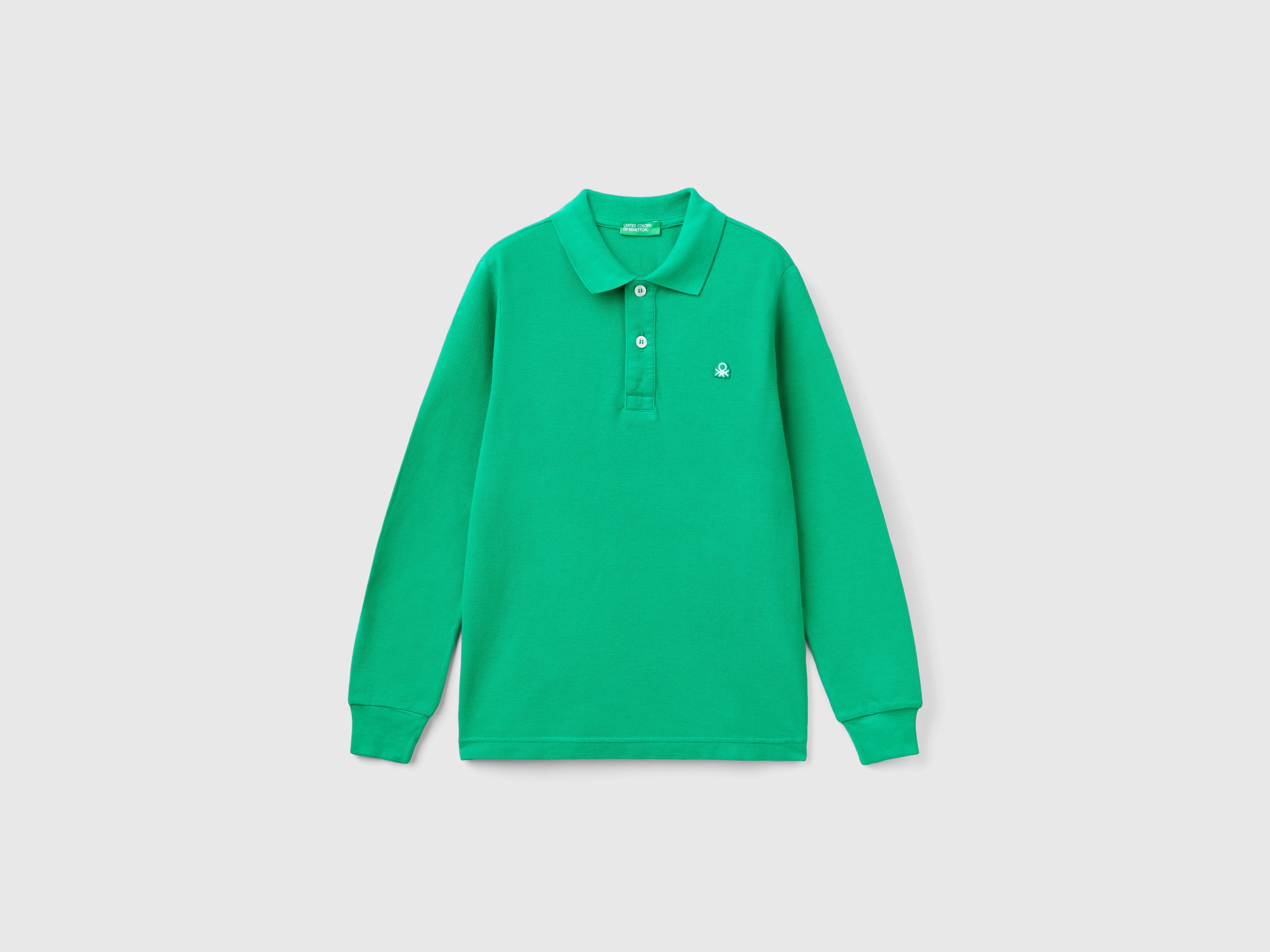 Benetton, Polo Manica Lunga 100% Cotone Bio, Verde, Bambini