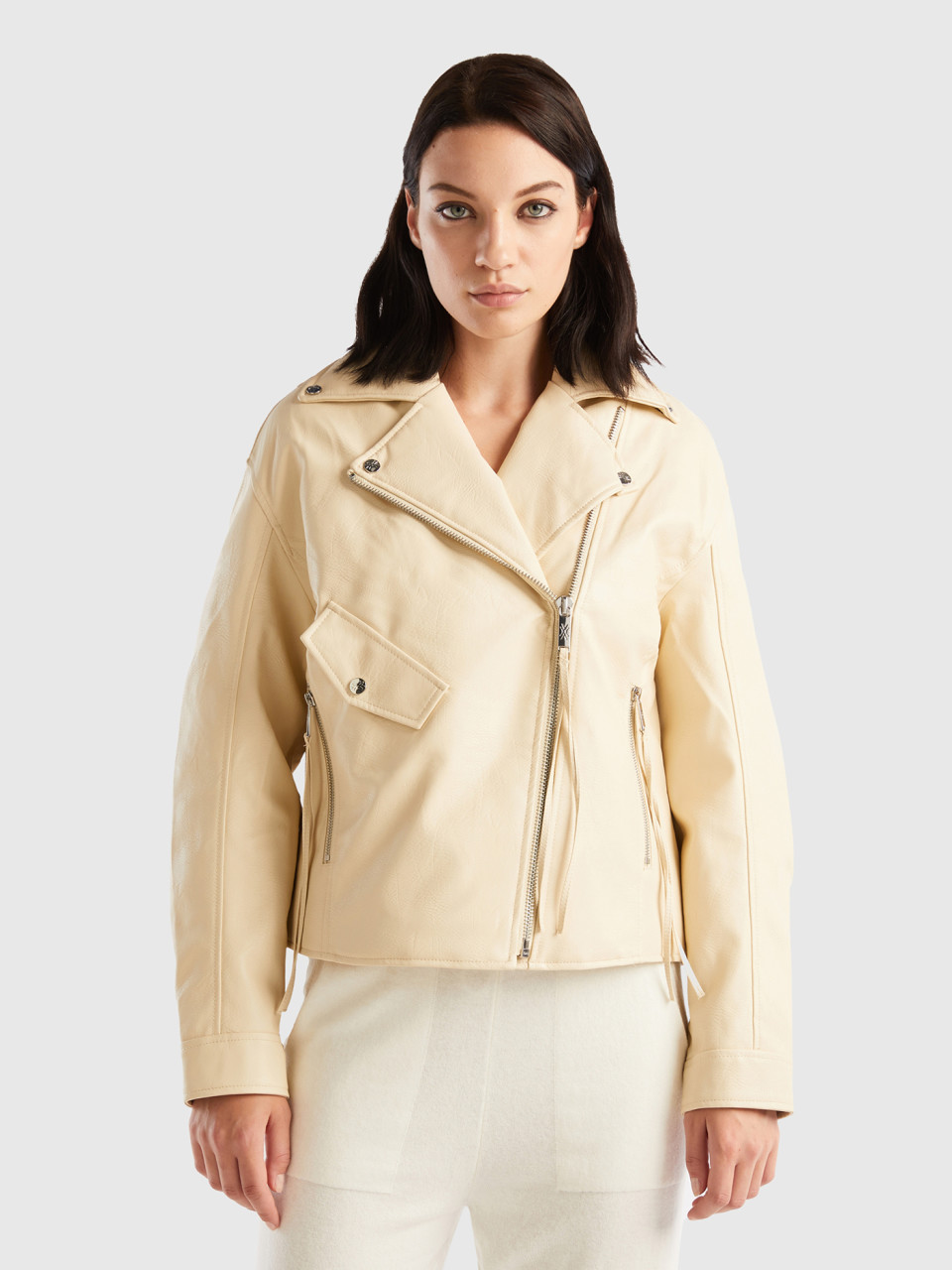 Benetton, Biker Jacket In Imitation Leather, Beige, Women