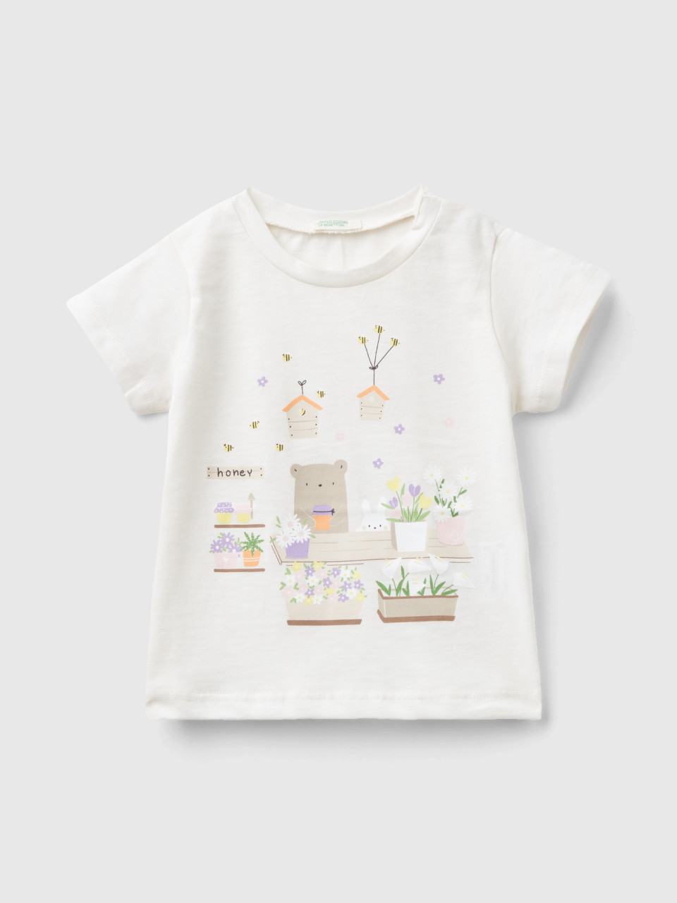 Benetton, T-shirt Em Algodão Orgânico Com Estampa, Branco Nata, Crianças