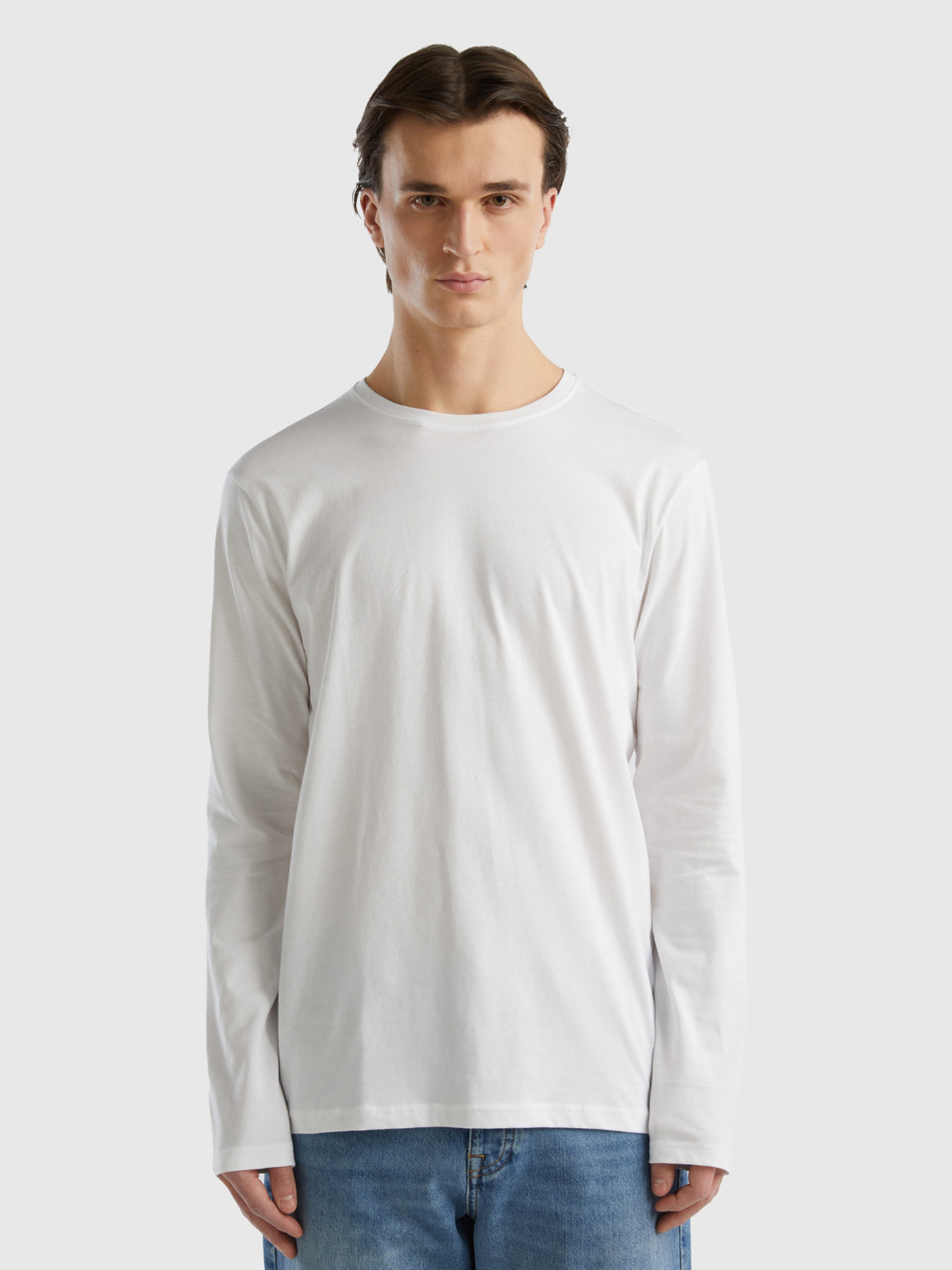 Benetton, T-shirt À Manches Longues En Pur Coton, Blanc, Homme
